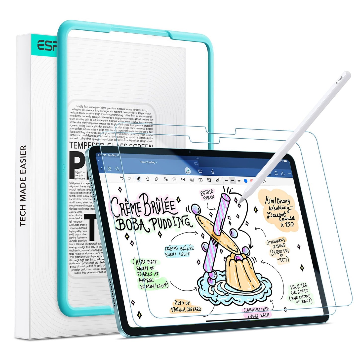ESR 2 Pack Paper-Feel Screen Protectors for iPad Air 11 Inch M3/M2 (7th/6th Generation, 2025/2024), Write and Draw Like on Paper, 9H Tempered Glass,