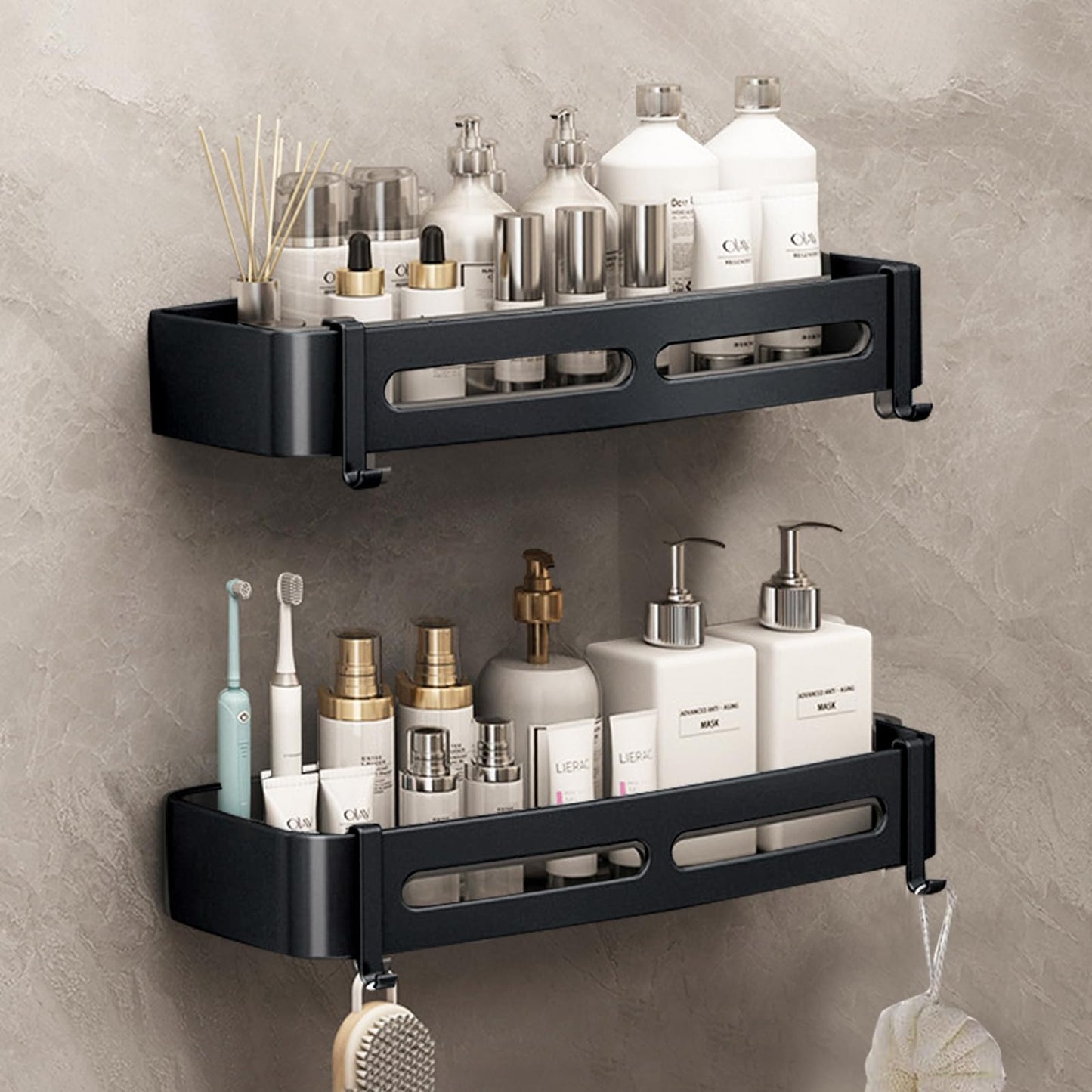 Shower Shelf, No Drilling, Aluminium, Pack of 2 Bathroom Shelf with 4 Hooks, Waterproof Bathroom Organiser, Shampoo Holder for Shower, Shower,