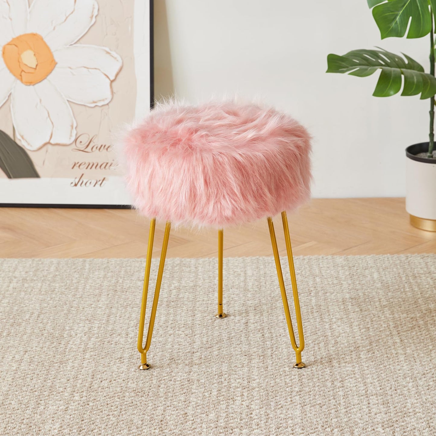 IBUYKE Faux Fur Vanity Chair, Furry Makeup Stool Ottoman, Pink L/G-32P