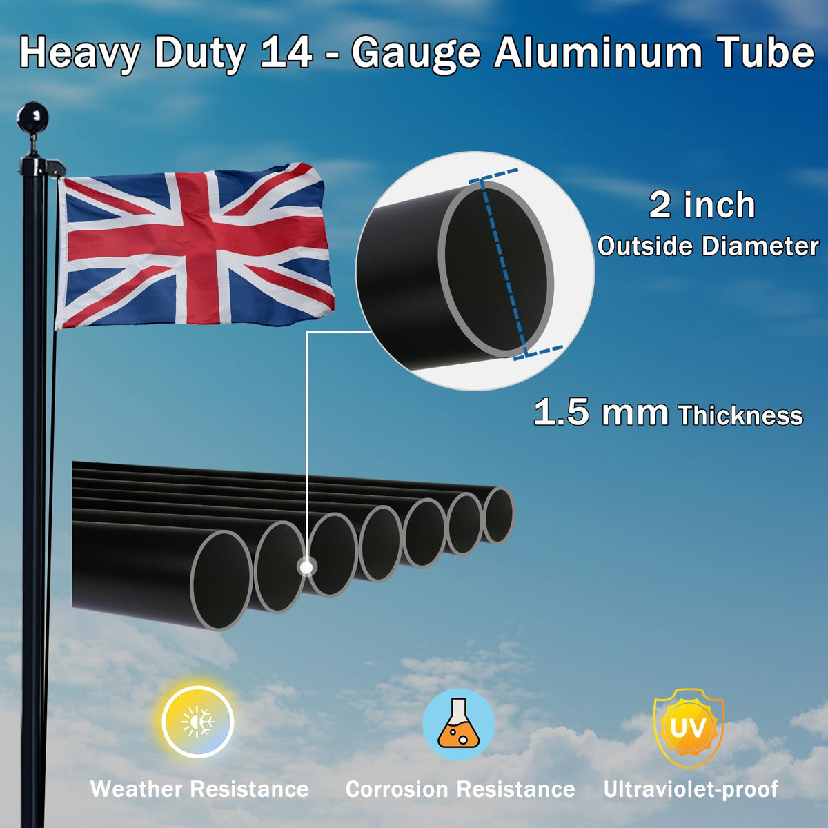 NQ 20FT (6M) Flag Poles for Garden, Sectional Heavy Duty Aluminum Flag Pole Kit with UK Flag, Flag Pole Topper, Flagpole Rope, Outdoor in Ground Flag