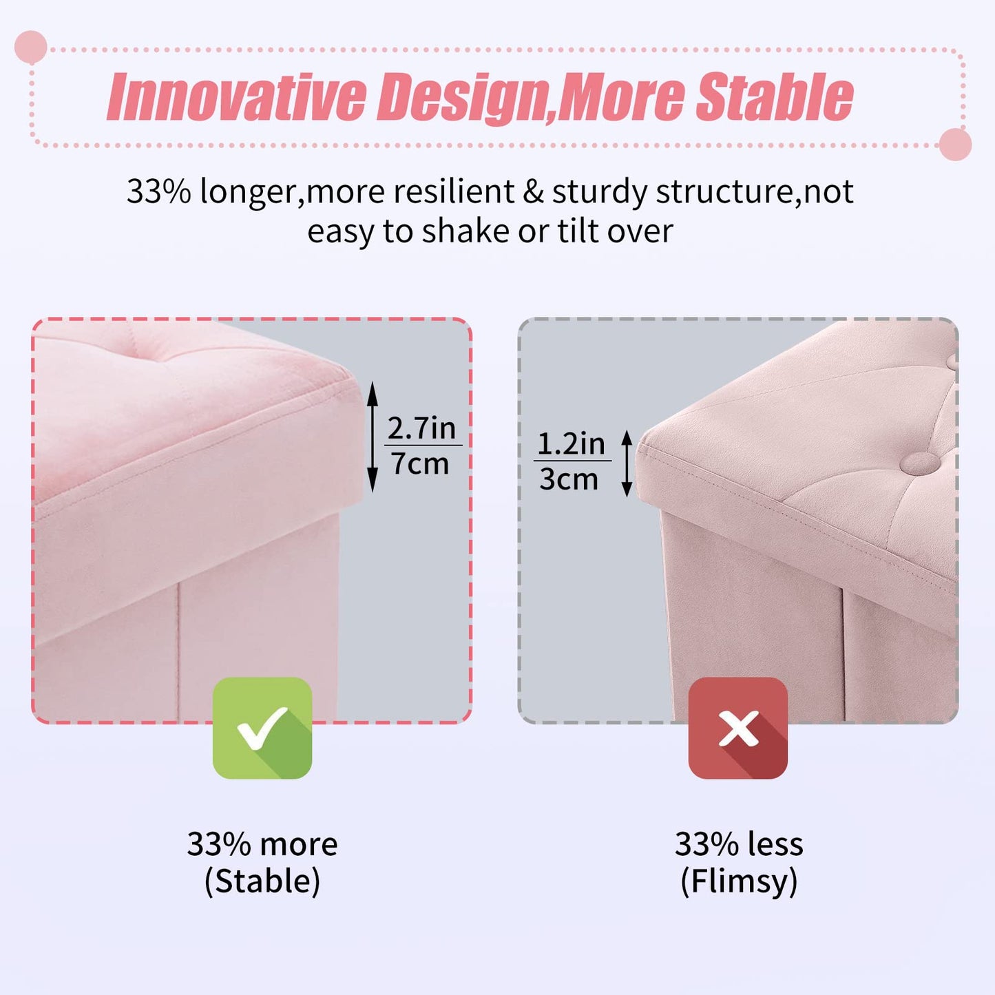BRIAN & DANY Folding Storage Ottoman with Wood Legs, Velvet Footstools Cube for Living Room and Bedroom, 40x 40x 40 cm, Pink