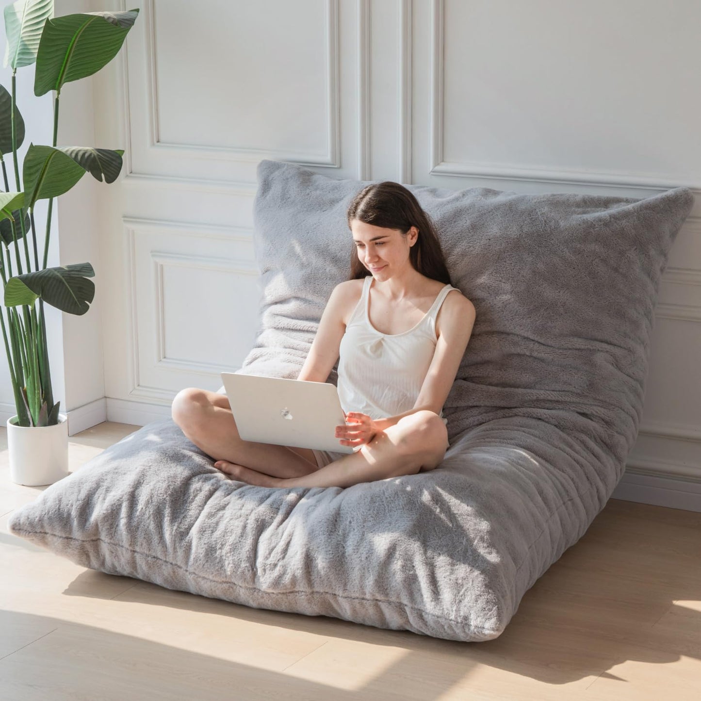 MAXYOYO Giant Bean Bag Bed - Square Bean Bag Chair - Large Sofa with Plush Cover and Fluffy Filling Included for Adult, Couples, Guest (Gray, Full)