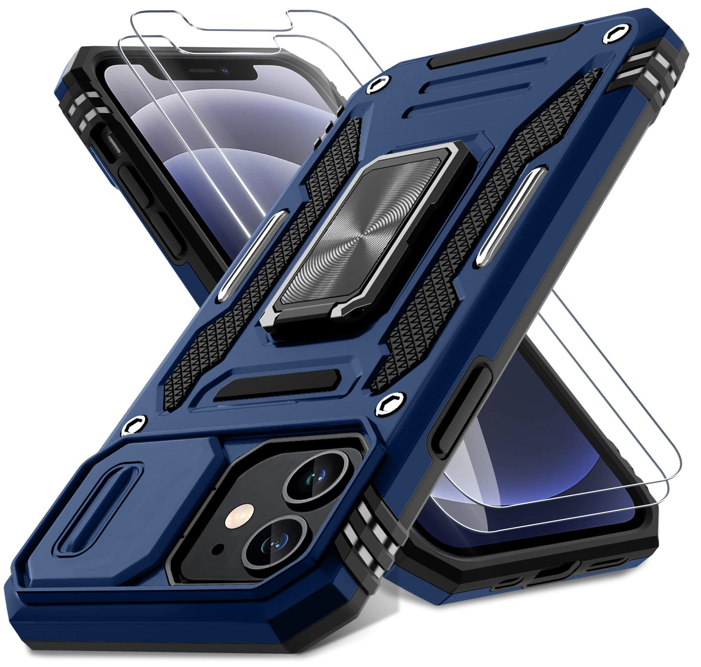 DEERLAMN for iPhone 12 Case,iPhone 12 Pro Case with Slide Camera Cover+Screen Protector(2 Packs),Rotated Ring Kickstand Military Grade Shockproof