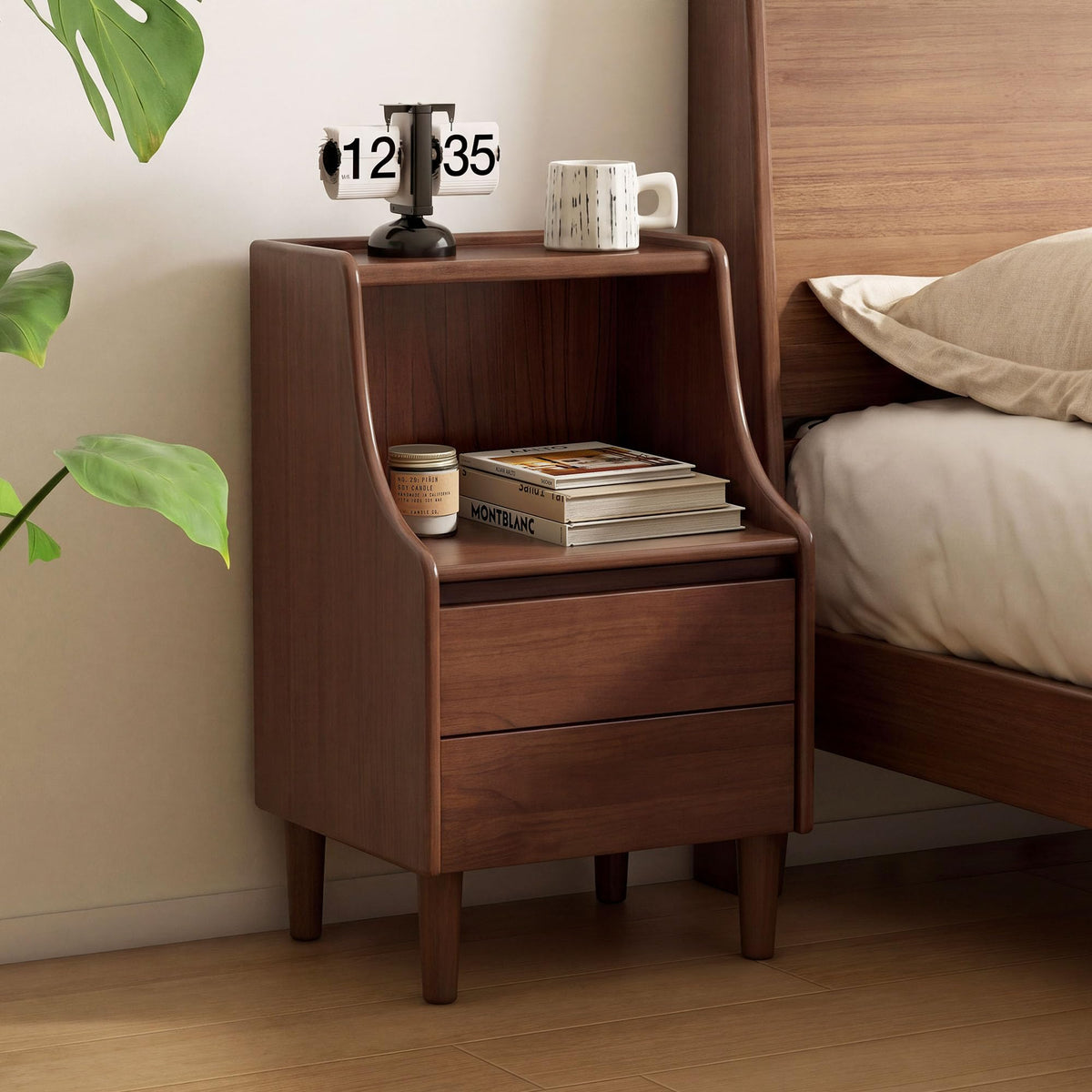 Solid Rubber Wood Bedside Table 2 Drawers Open Storage Bedroom Nightstand