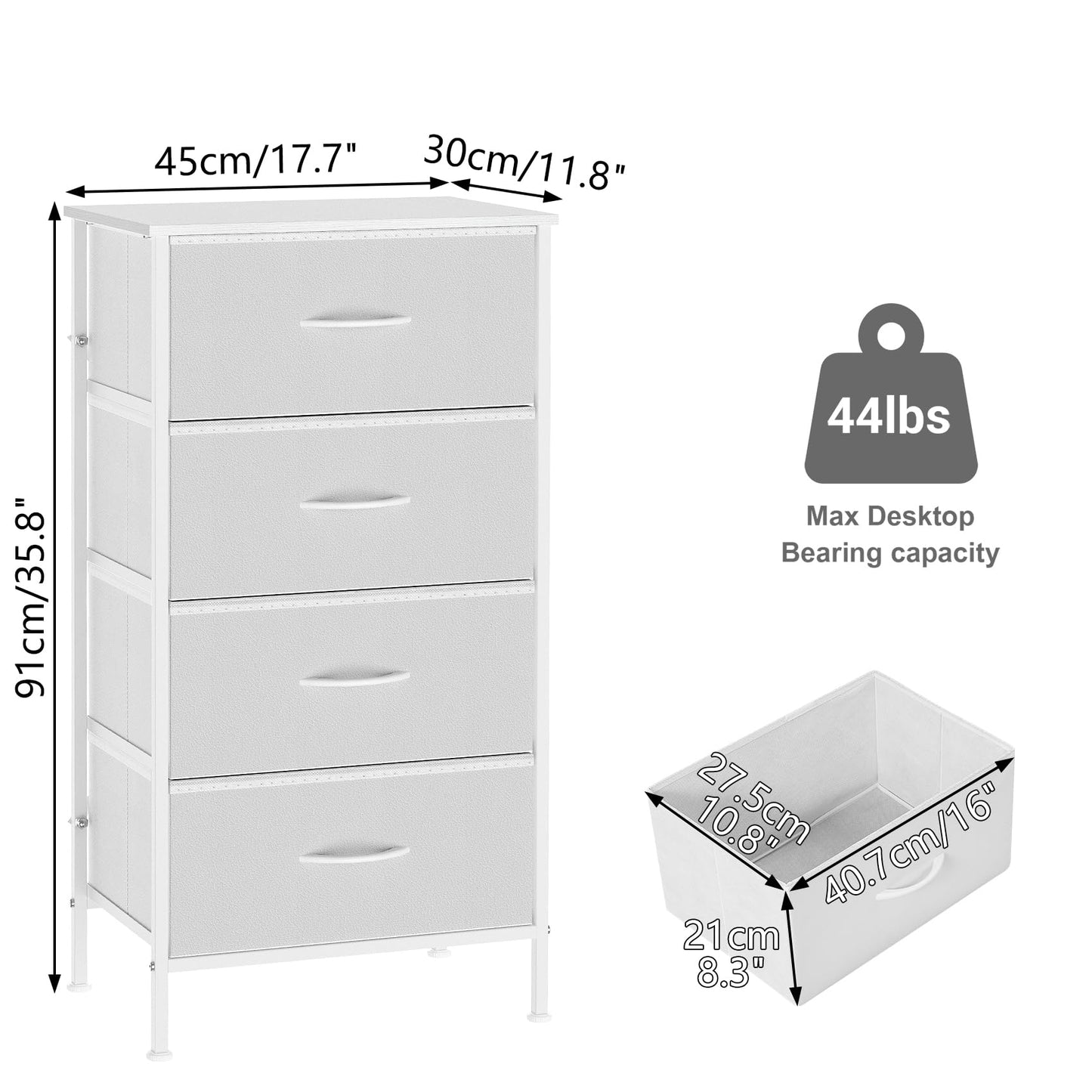 KU Syang Bedroom 4-Drawer Chest Storage Unit, MDF Top Adjustable Feet Anti-Tip Design for Bedroom Living Room, Size 45x30x91cm (17.7x11.8x35.8in)