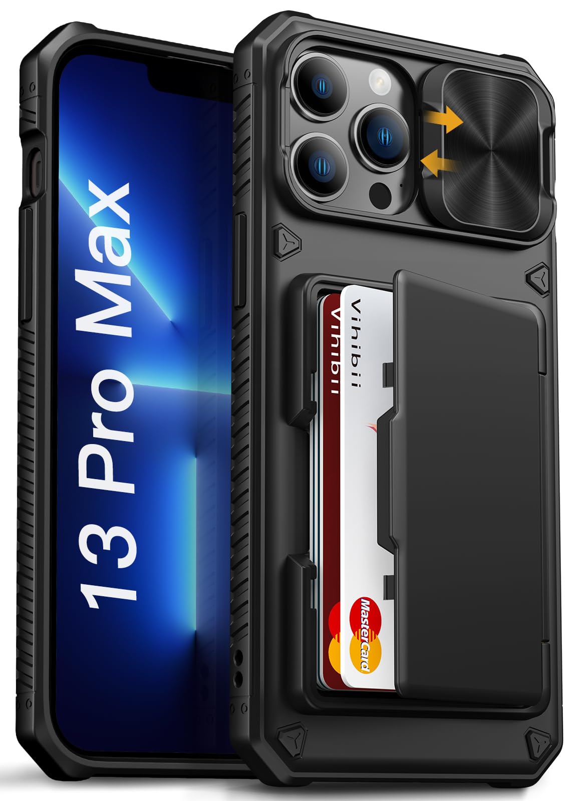 Vihibii for iPhone 13 Pro Max/iPhone 12 Pro Max Case with Card Holder (4 Cards) [RFID Blocking] & Slide Camera Cover, Military Grade Drop Protection,