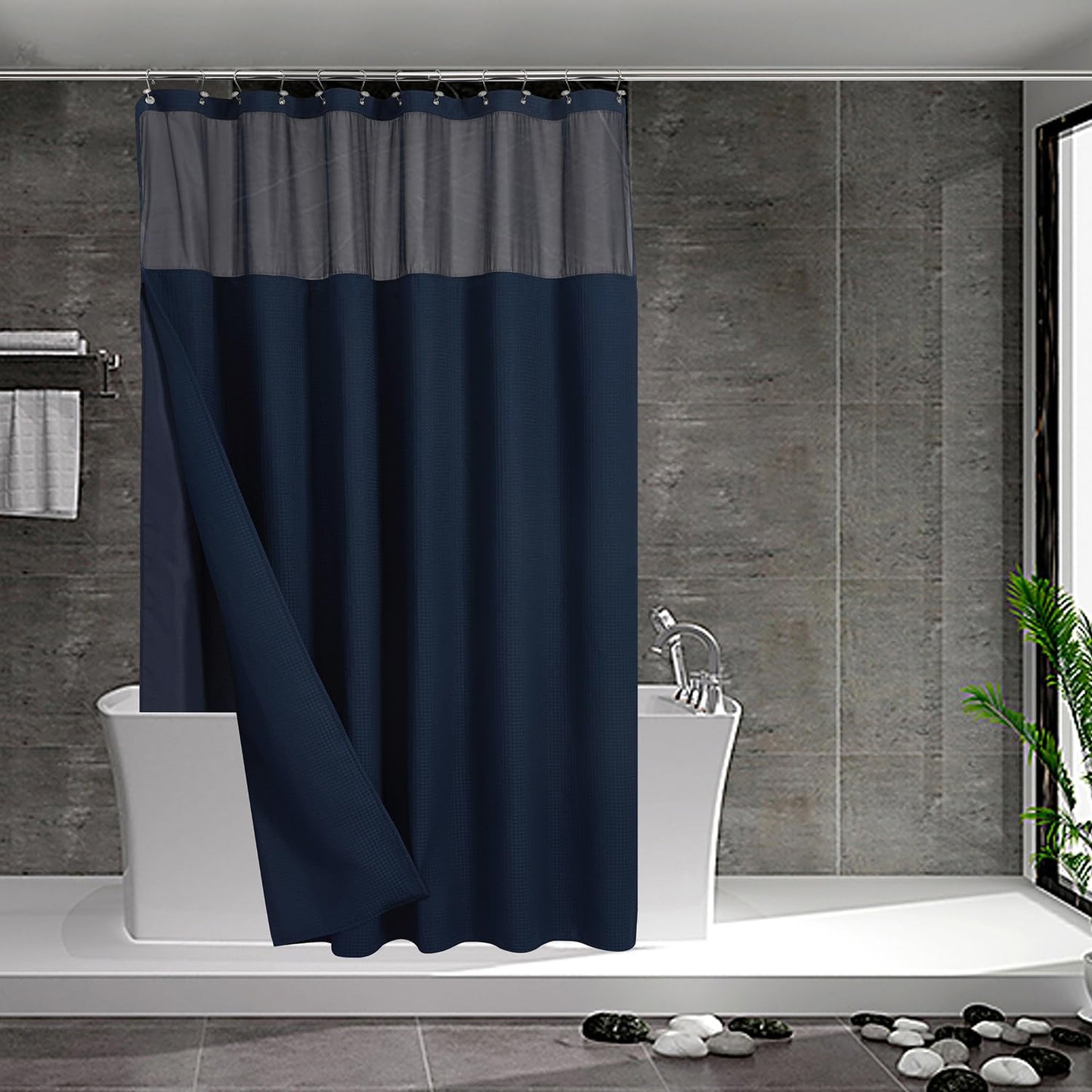 N&Y HOME Extra Long Waffle Weave Shower Curtain with Snap-in Fabric Liner Set, 12 Hooks Included - 71" x 84", Hotel Style, Mesh Top Window, Machine