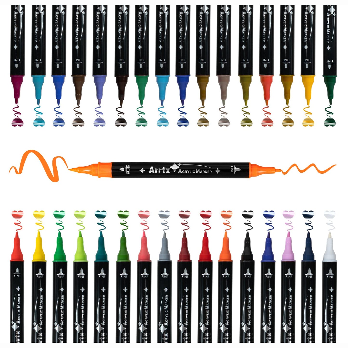 Arrtx Acrylic Paint Pens, 32 Colours Brush and Fine Tips Acrylic Markers, Rock Painting Pens Glass Pens with Water Based Ink for Metal, Plastic, Wood,