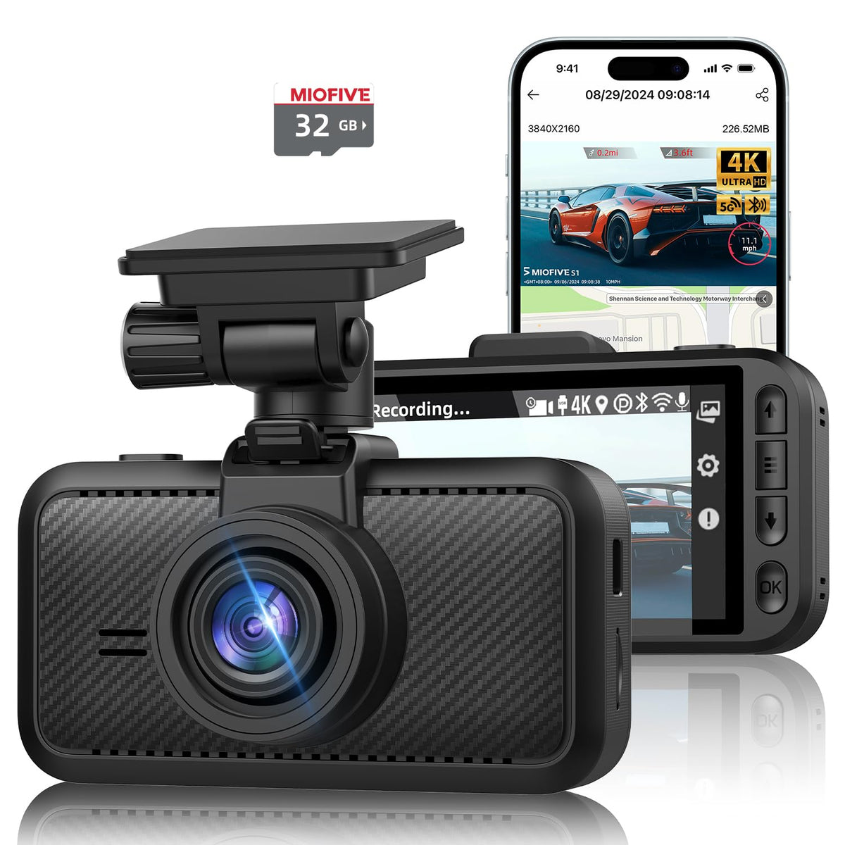 Miofive Car Camera 4K Resolution, 5G WiFi & Bluetooth, GPS Dash Cam, 3" IPS Screen, G-sensor, Night Vision, Loop Recording, HDR, App Control, and