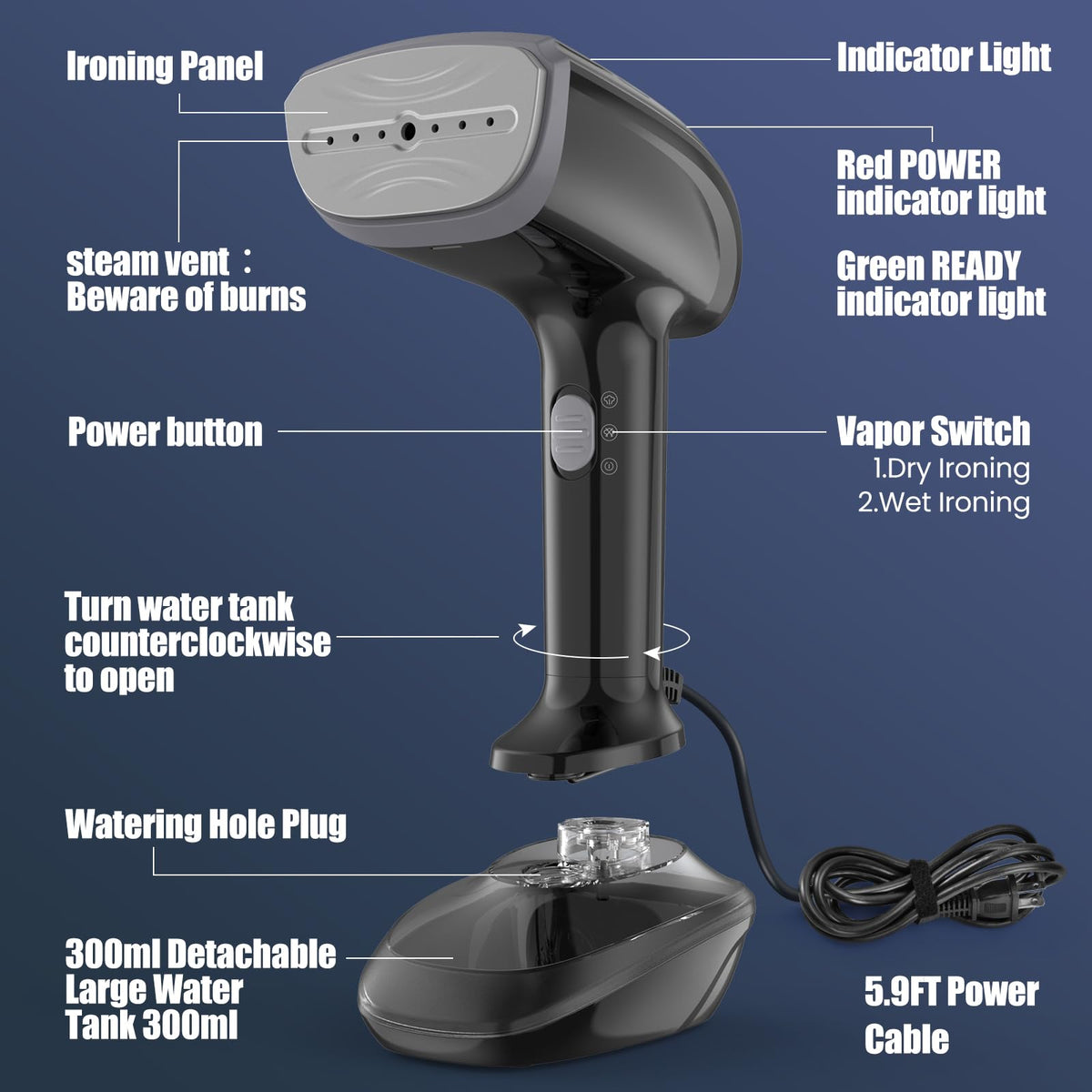 Powerful Handheld Fabric Steamer - 1800W with Fast Ceramic Heat-Up Plate, 2-in-1 Ironing & Wrinkle Remover, Steam Nozzle, Lint Brush - Black, 220V