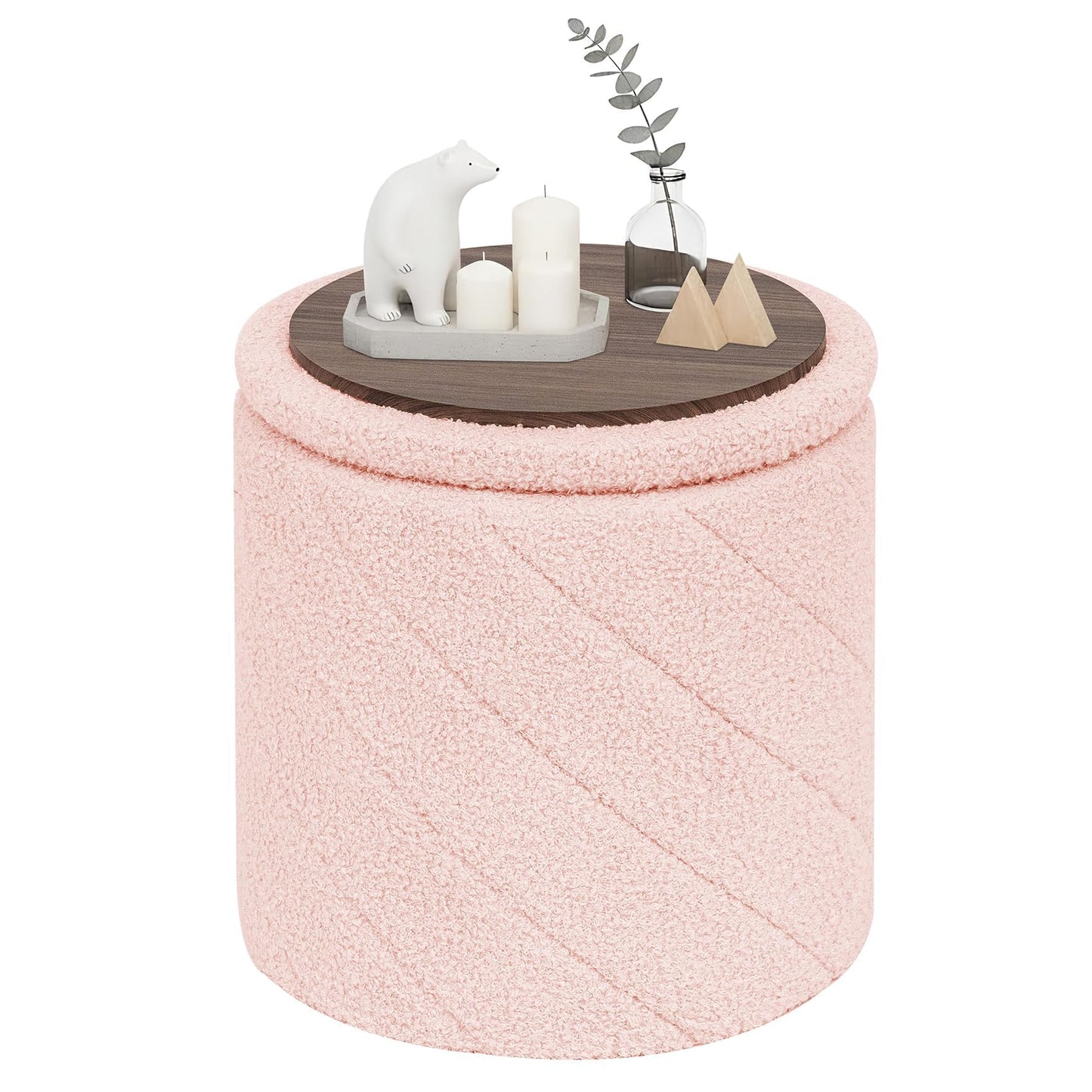 PINPLUS Round Ottoman Storage Box, Folding Stool, Pink, 33x33x35 cm