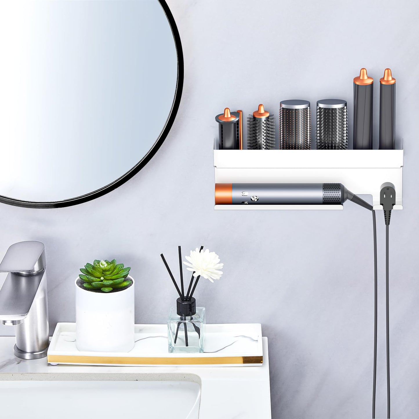 YYBO Hair Dryer Holder Wall Mount for Curling Irons Styler Attachments, Adhesive Hair Dryer And Straightener Holder, Hairdryer Holder Wall Mounted