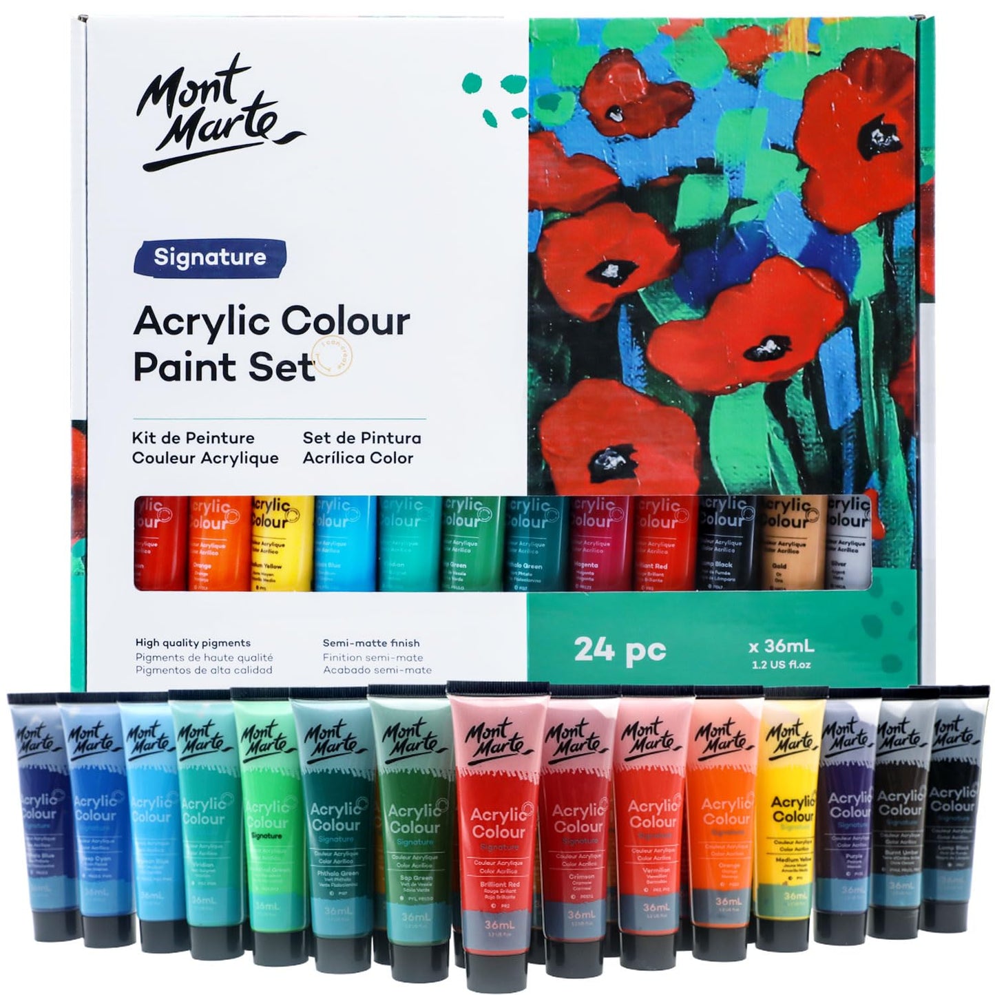 MONT MARTE Acrylic Paint Set 24 Colours 36ml, Perfect for Canvas, Wood, Fabric, Leather, Cardboard, Paper, MDF and Crafts