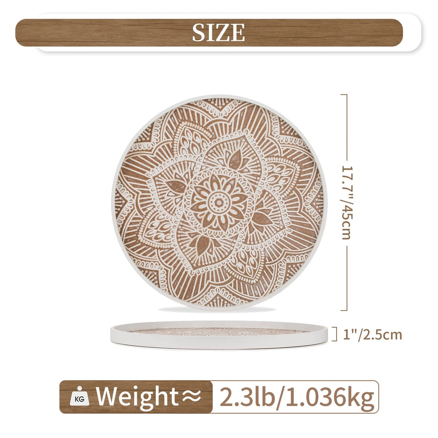 Hanobe Large Wood Decorative Tray: Boho Rustic Ottoman Tray Farmhouse Coffee Table Centerpiece Decor - Wooden Serving Round Tray for Kitchen Counter