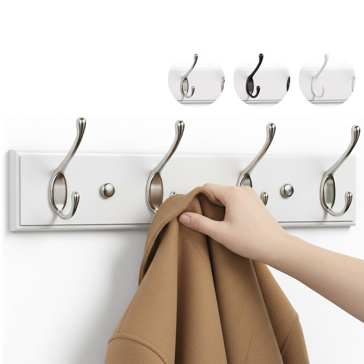 LARHN White Wall-Mounted Coat Rack - 4 Matt-Nickel Coat Hooks, 42cm