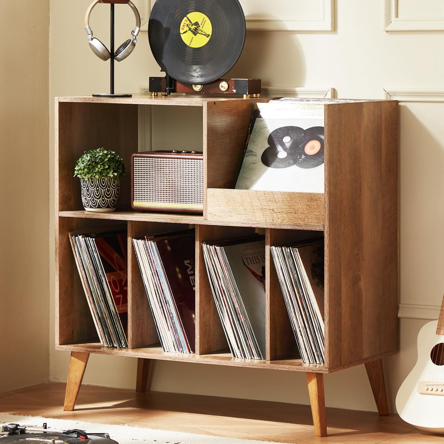 Large record stand with storage, record player stand with shelf, vinyl record holder with presentation surface, record stand for up to 300 albums