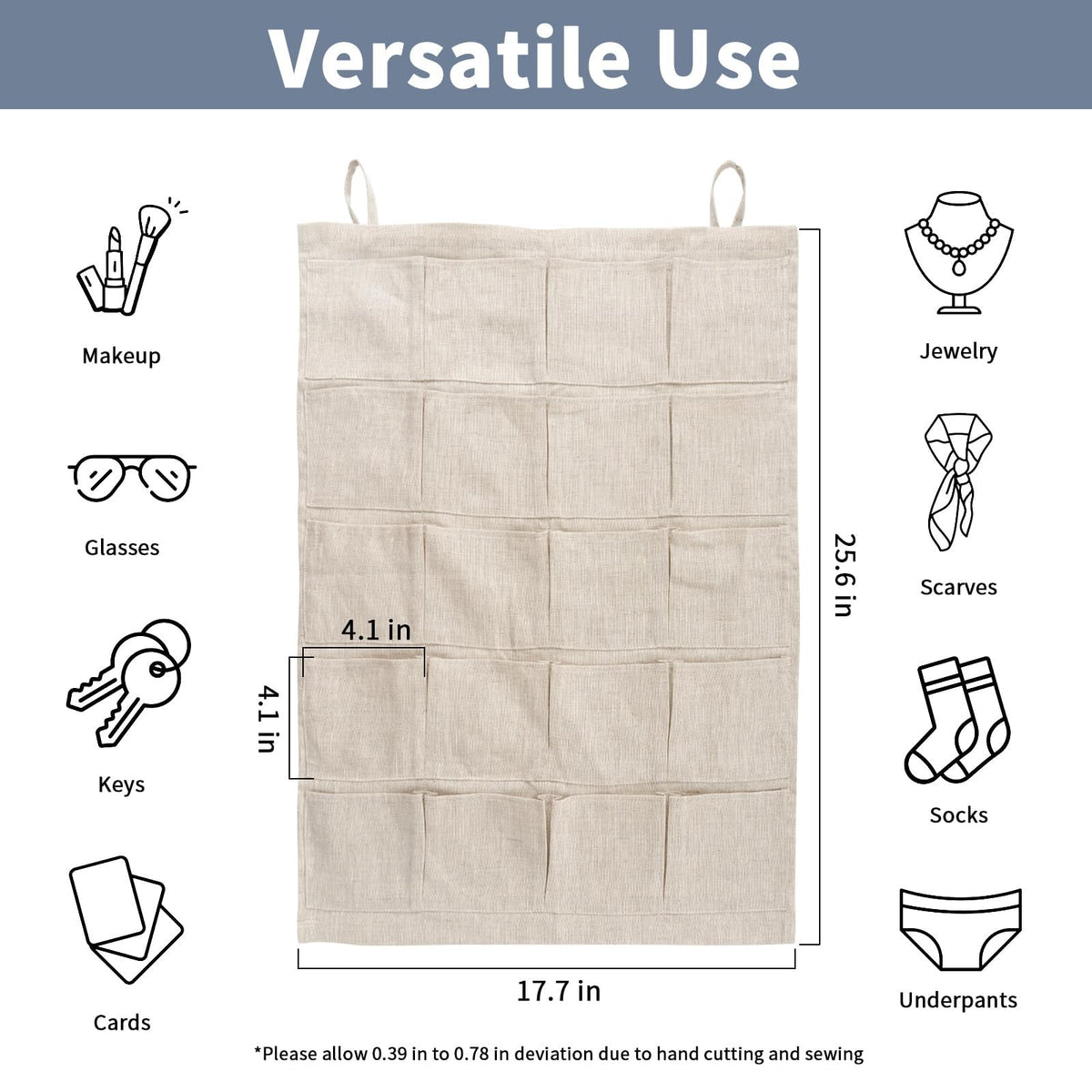 HSOFTIFY 100% Pure Linen Hanging Storage Bags with 20 Pockets, Linen