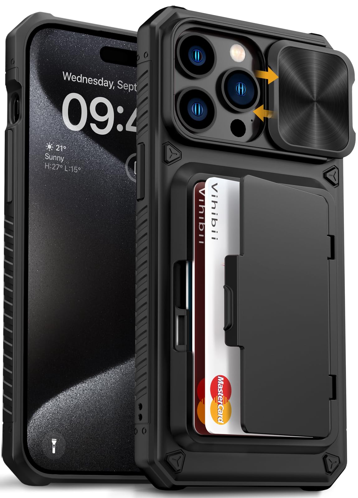 Vihibii for iPhone 15 Pro Max Case with Card Holder (4 Cards) & Slide Camera Cover & Kickstand, Military Grade Drop Protection, Rugged Hard Back &