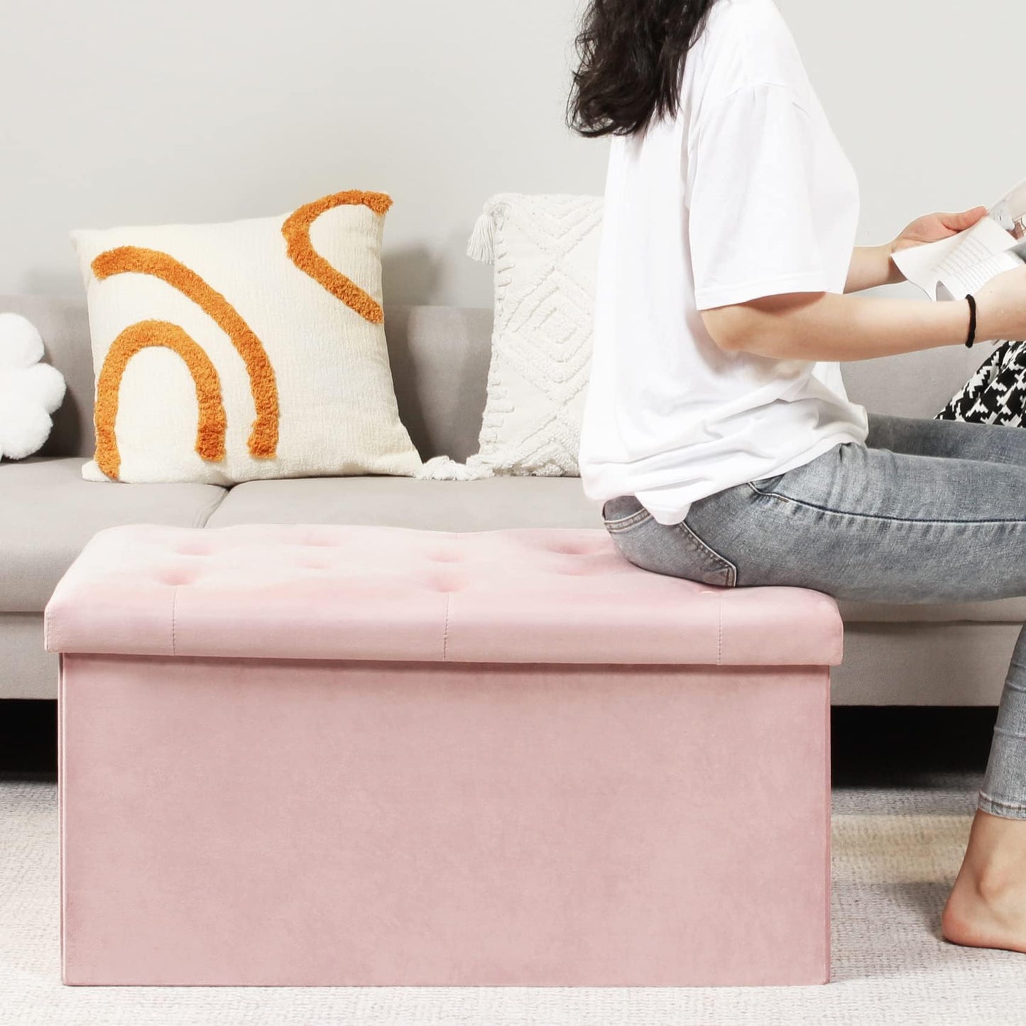 Bonlife Pink Folding Velvet Ottoman Storage Bench,Footrest Stool Seat,Toy Chest Storage Box with Lid,Footstool for Living Room,80x40x40cm