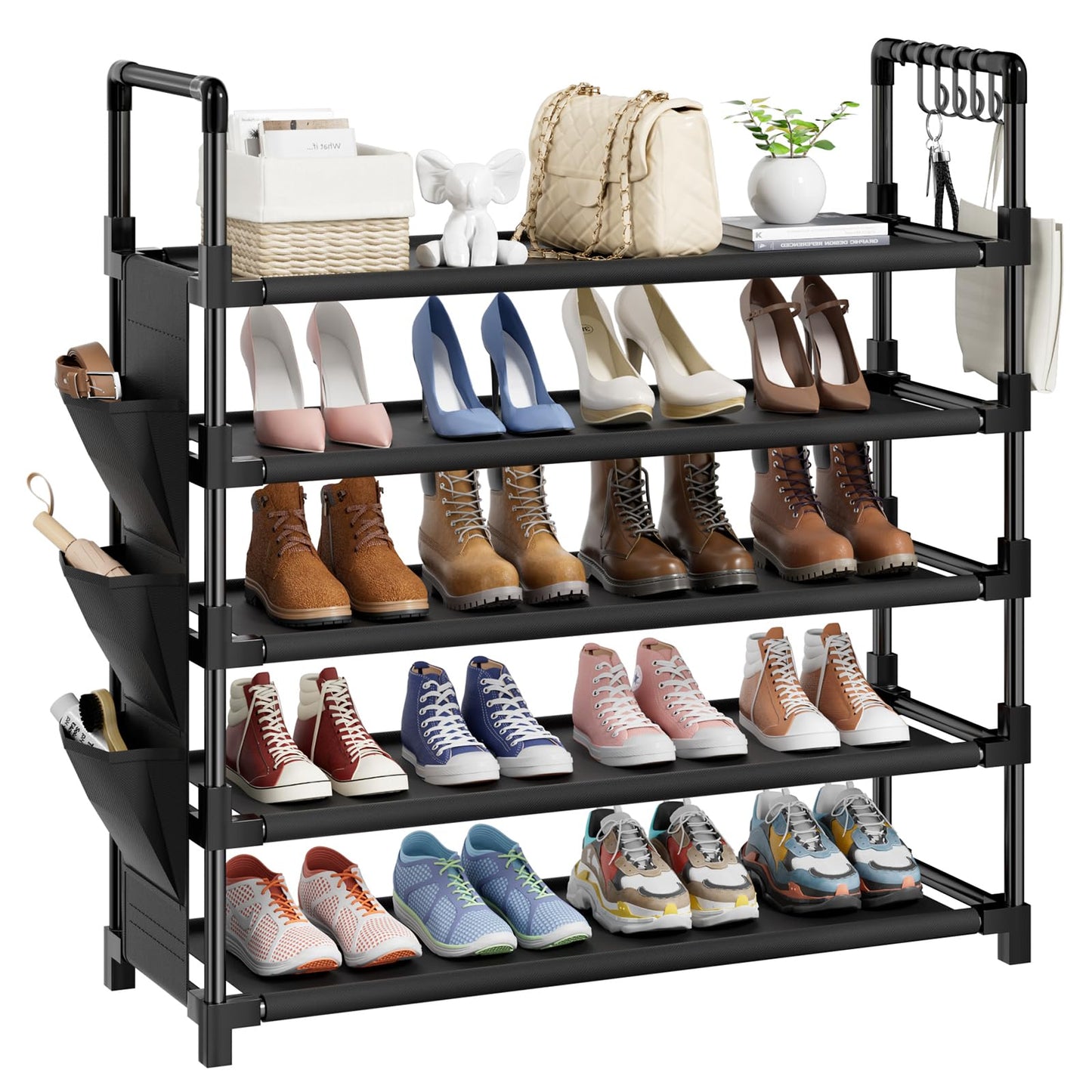 Mavivegue 5 Tier Metal Shoe Rack with 5 Hooks & 3 Side pockets