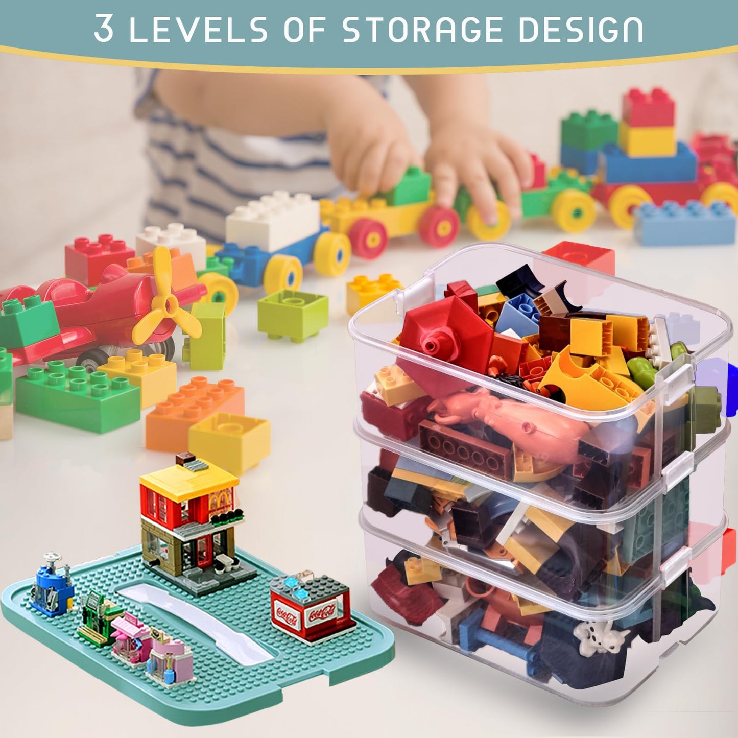 Storage Boxes with Lids for Lego Cube Kids Toy Box 3 Layers Stackable Plastic Drawer Organiser Clear Compartment Craft Containers for Magnetic