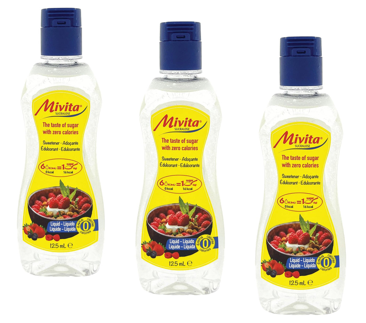 Mivita Sucralose Liquid Sweetener 3 x 125ml - Zero Sugar and Zero Calories Sugar Alternative, Great Taste, Gluten-free, Lactose-free, Zero Glycemic