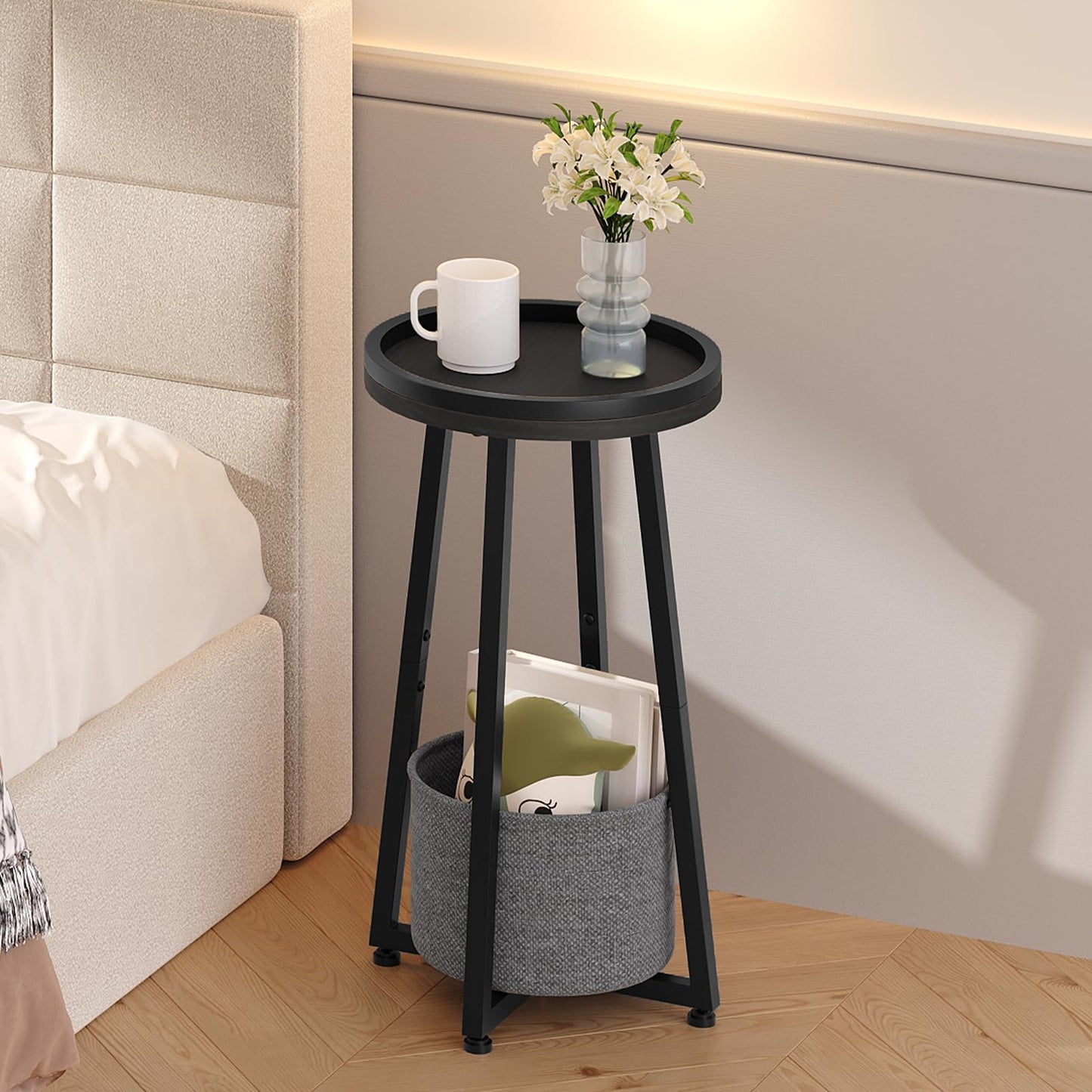 HOOBRO Round Side Table, 2 Tier Sofa Side Table Small Table with Storage Basket, Round Bedside Table, Compact Corner Tables for Small Spaces