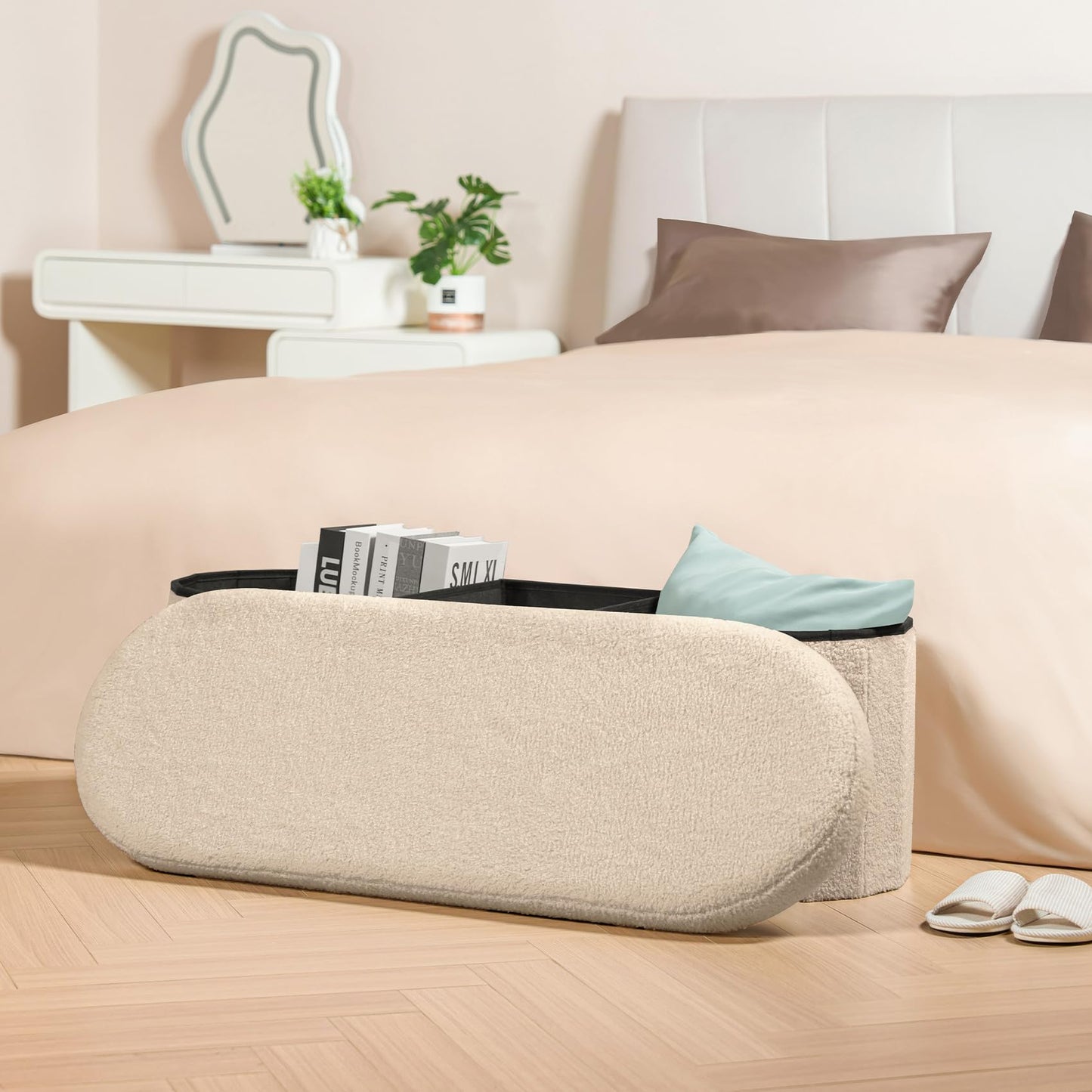 Bonlife Ottoman Storage Bench,Folding Boucle Footstool Oval, End of Bed Stool, Ideal for Living Room, Bedroom, 100L Storage Space,Beige,110x38x38cm