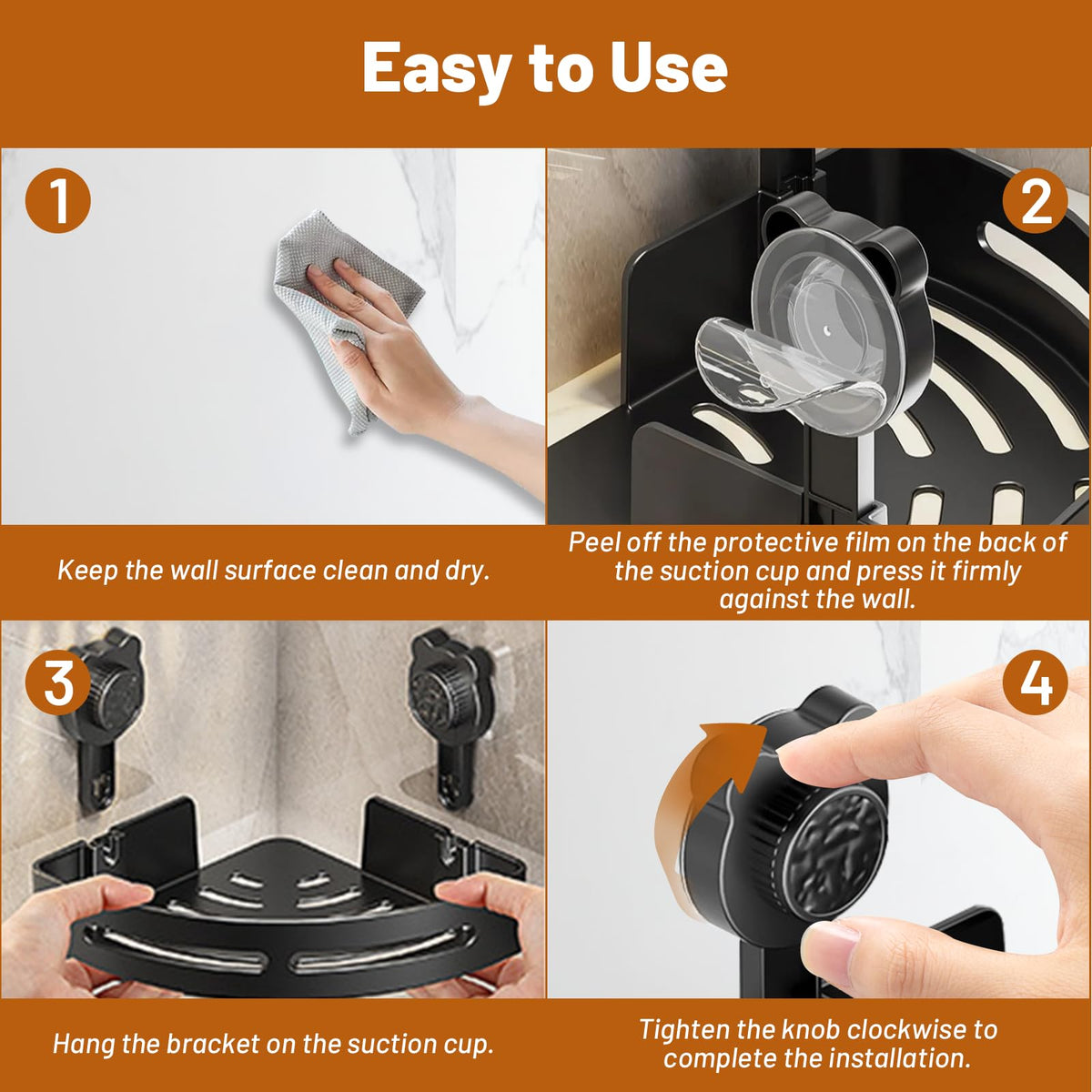 Qubitly Cute Black Bear Corner Shower Shelf, No Drilling Suction Cup Bathroom Organiser