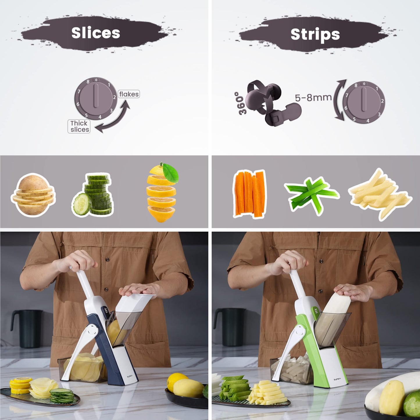SUPMAKIN Safest Mandoline Vegetable Slicer/Chopper, Potato Chip Cutter, Multifunctional Veg Chopper with 4 Cutting Modes to Slice, Dice, Chop,