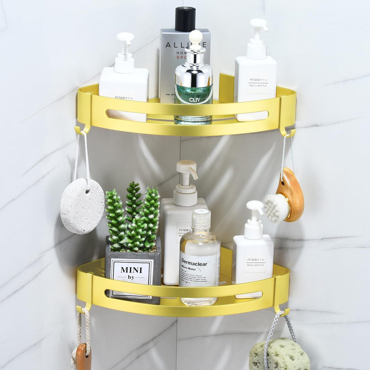 maifey Bathroom Corner Shelves No Drilling,Rust proof Space Aluminum Triangle Shower Caddy Bathroom Storage Shelves with 2 Hooks Wall Mounted(2