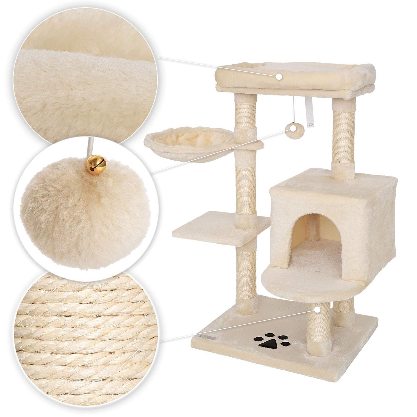 lionto Cat Scratching Post with Plush Ball Including Bell & Wall Bracket, Height 93 cm, Cat Tree with Sisal & Plush, Cosy Lying Surface & Caves,
