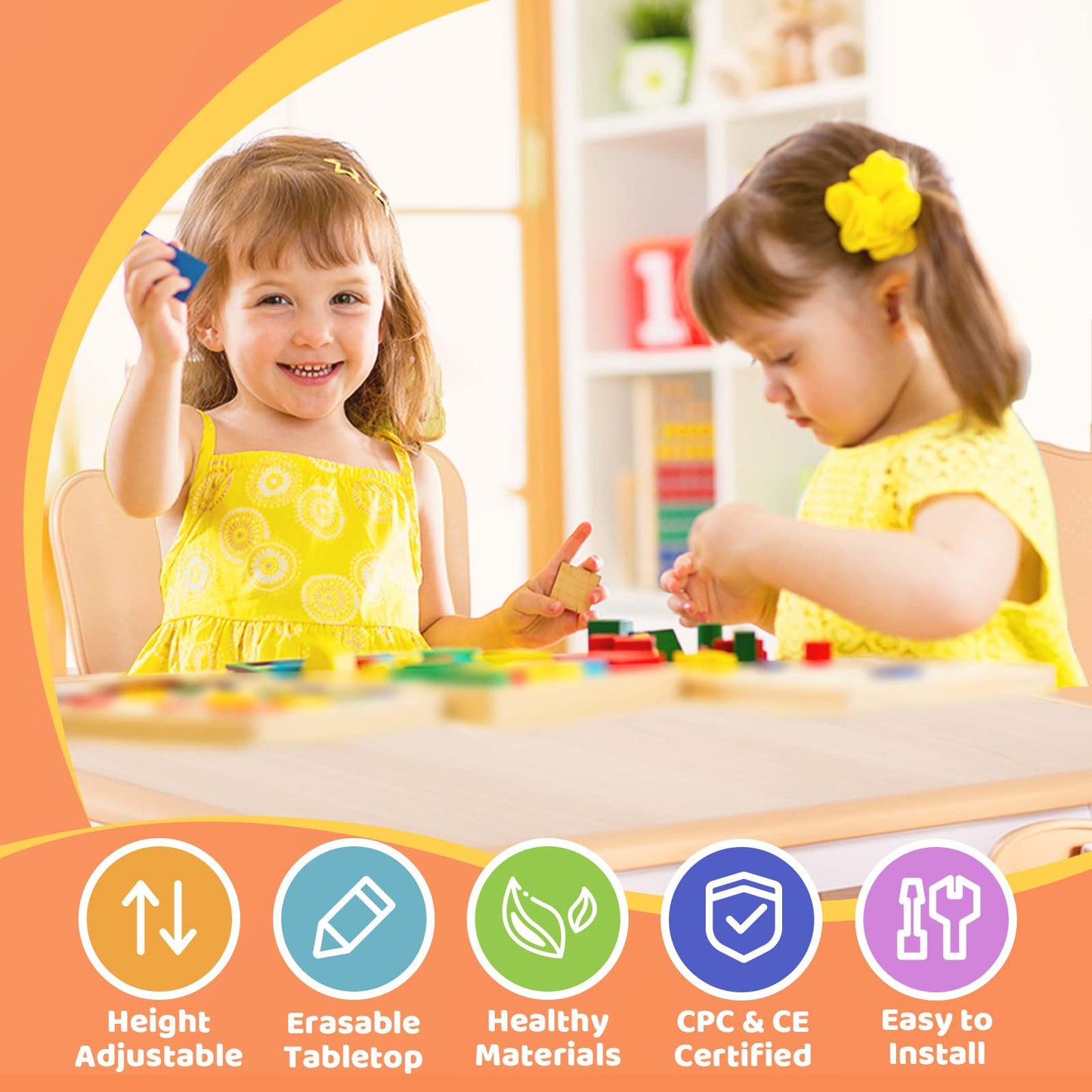 FUNLIO Kids Table and Chair Set, Height Adjustable Toddler Table and Chair Set for Ages 3-8, Easy to Wipe Arts & Crafts Table with 2 Chairs for