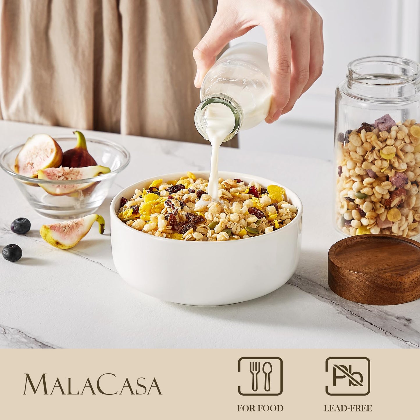 MALACASA 24 oz Cereal Bowls Set of 6, Premium Porcelain Soup and Salad Bowls, Microwave Dishwasher Safe, Modern White Bowl for Noodles, Dessert,