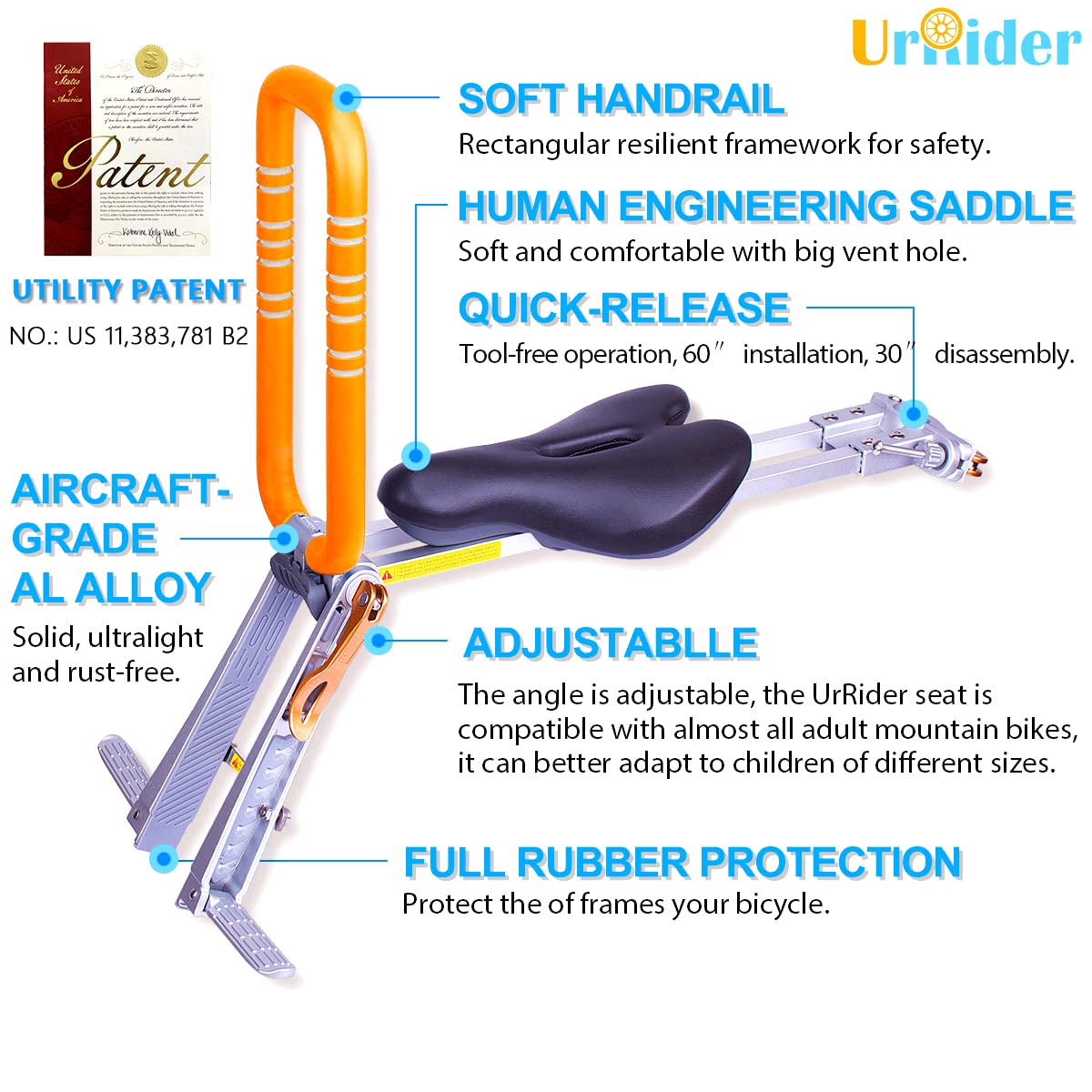 UrRider Child Bike Seat, Front Mount Kids Bike Seat,Fits Most Mountain Bikes, Portable, Tool-Free, Quick-Release,ultra-light, Toddler Bike Seat for