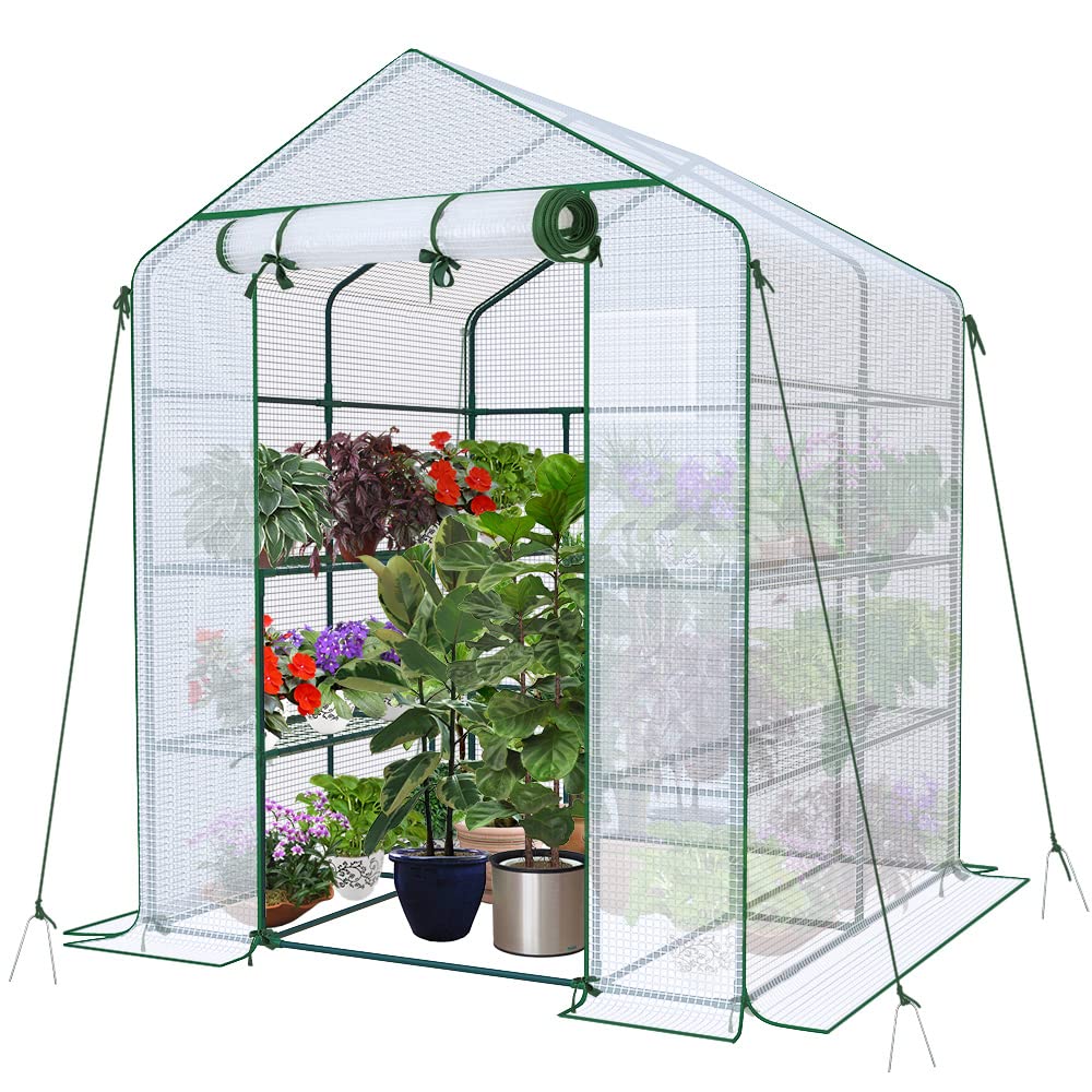 VOUNOT? Walk In Greenhouse with Shelves, Roll up Zip Panel Door Garden Plastic Polytunnels Grow House for Outdoor Use, White 143x143x195cm
