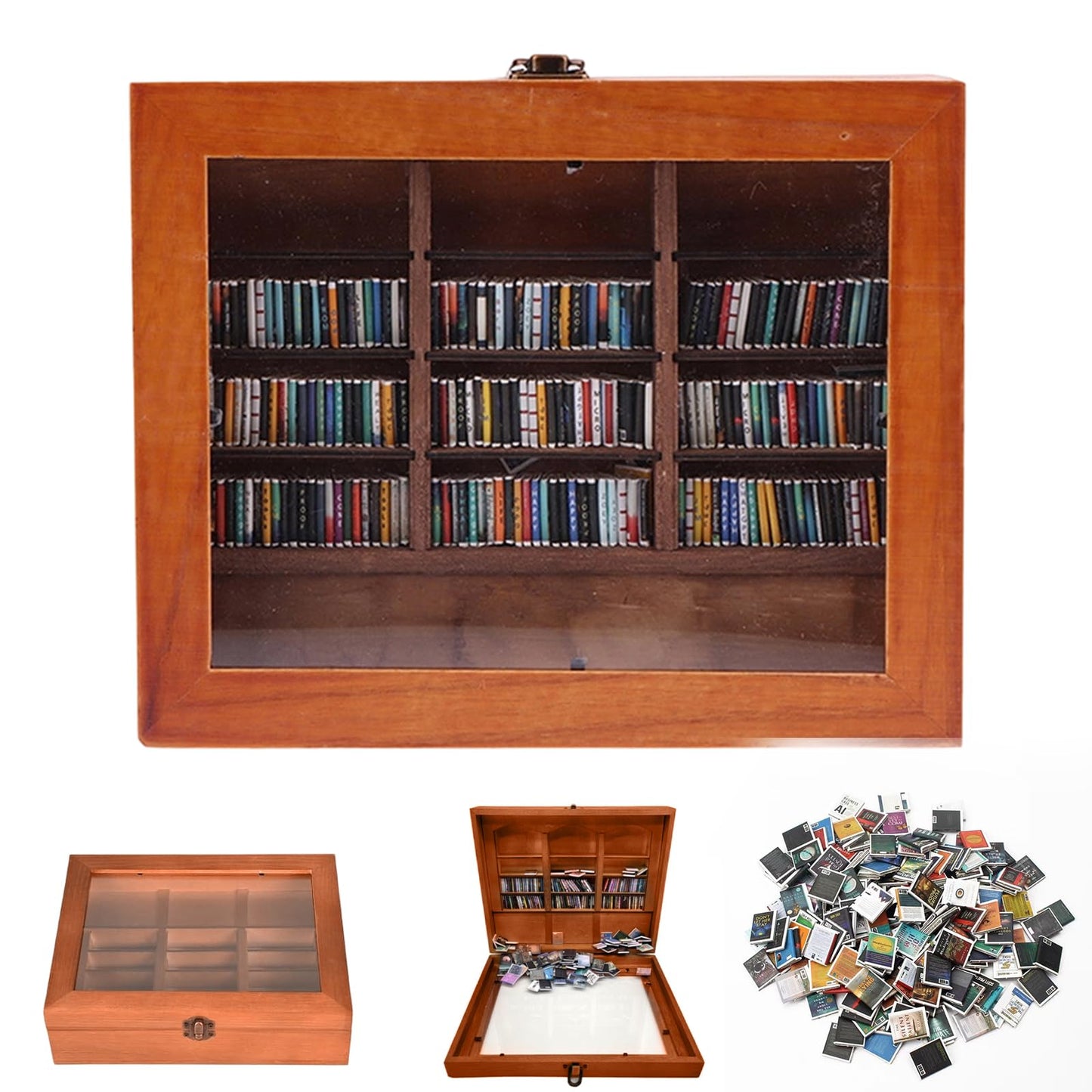 NCOALE Anxiety Bookshelf Shake Away Your Anxiety, Mini Bookshelf with 200 Miniature Books Wooden Miniature Library for Book Lovers & Anxious