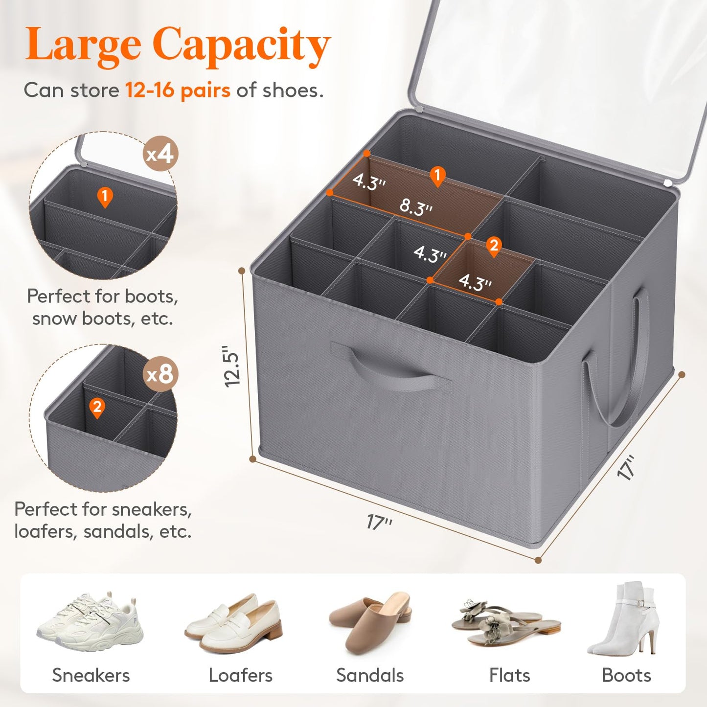 Lifewit Shoe Storage Organizer for Closet, Fits 12-16 Pairs, Large Shoe Box Storage Containers with Clear Cover and Reinforced Handles, Foldable
