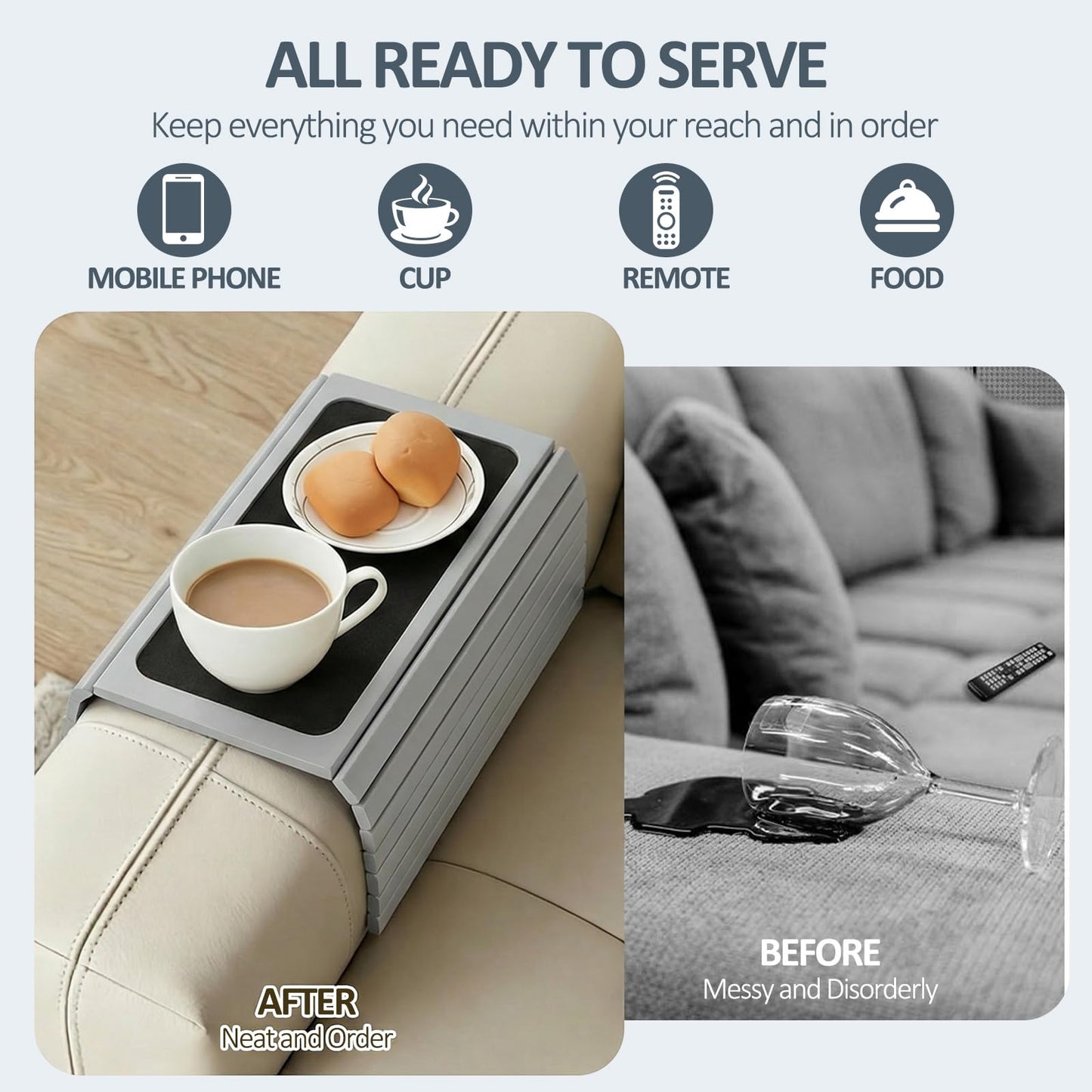 Sofa Arm Tray Natural Bamboo, Foldable Couch Arm Table with Black Coaster, Non-Slip Sofa Armrest Organizer for Recliners and Sectionals