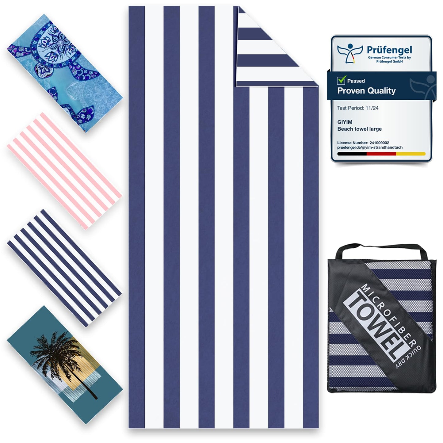 Giyim Beach Towels - 1 Pack 200x90cm Lightweight Microfibre Beach Towel with Mesh Bags