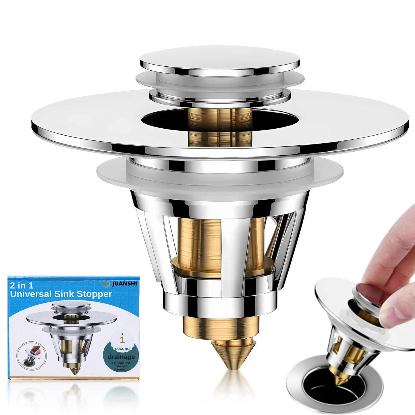 JUANSHI? Universal 2-in-1 Bathroom Sink Plug, Pop-Up Sink Drain Filter, Bathroom Drain Stopper Plug Sink for 26mm-46mm Sink Drain Holes