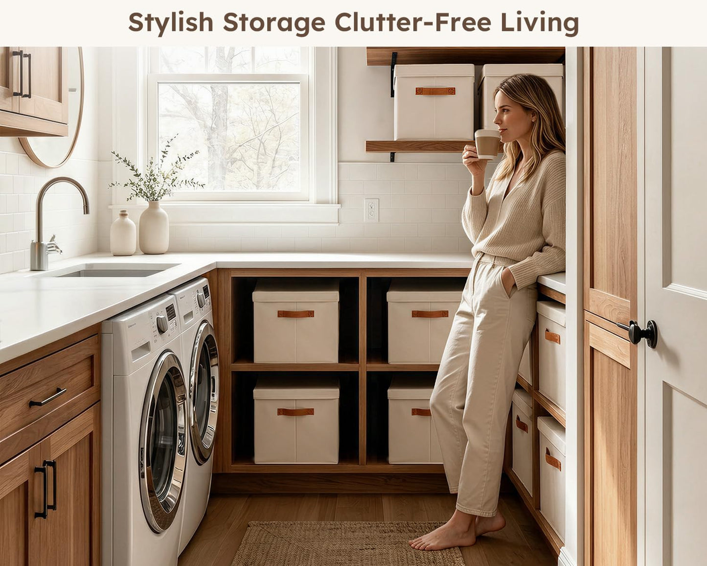 Fabric Storage Boxes with Lids - 4 Pack Dustproof Wardrobe Organiser Beige