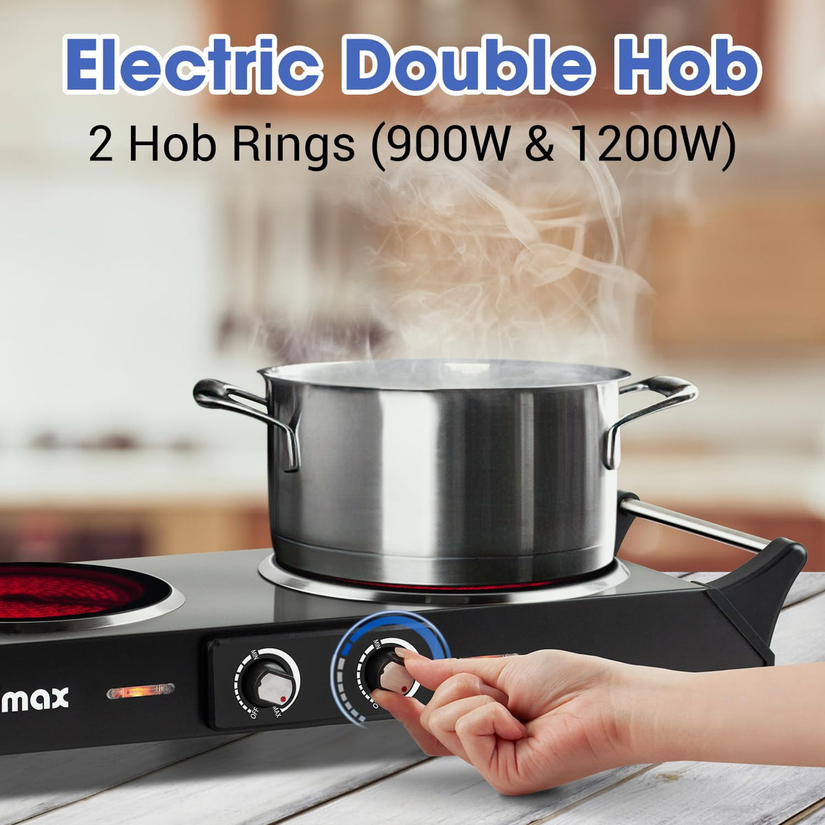 CUSIMAX Electric Hob, Hot Plates for cooking Portable Double Hob with Handles Infrared Cooktop & Dual Temperature Control, 2 Hob Rings (900W & 1200W)