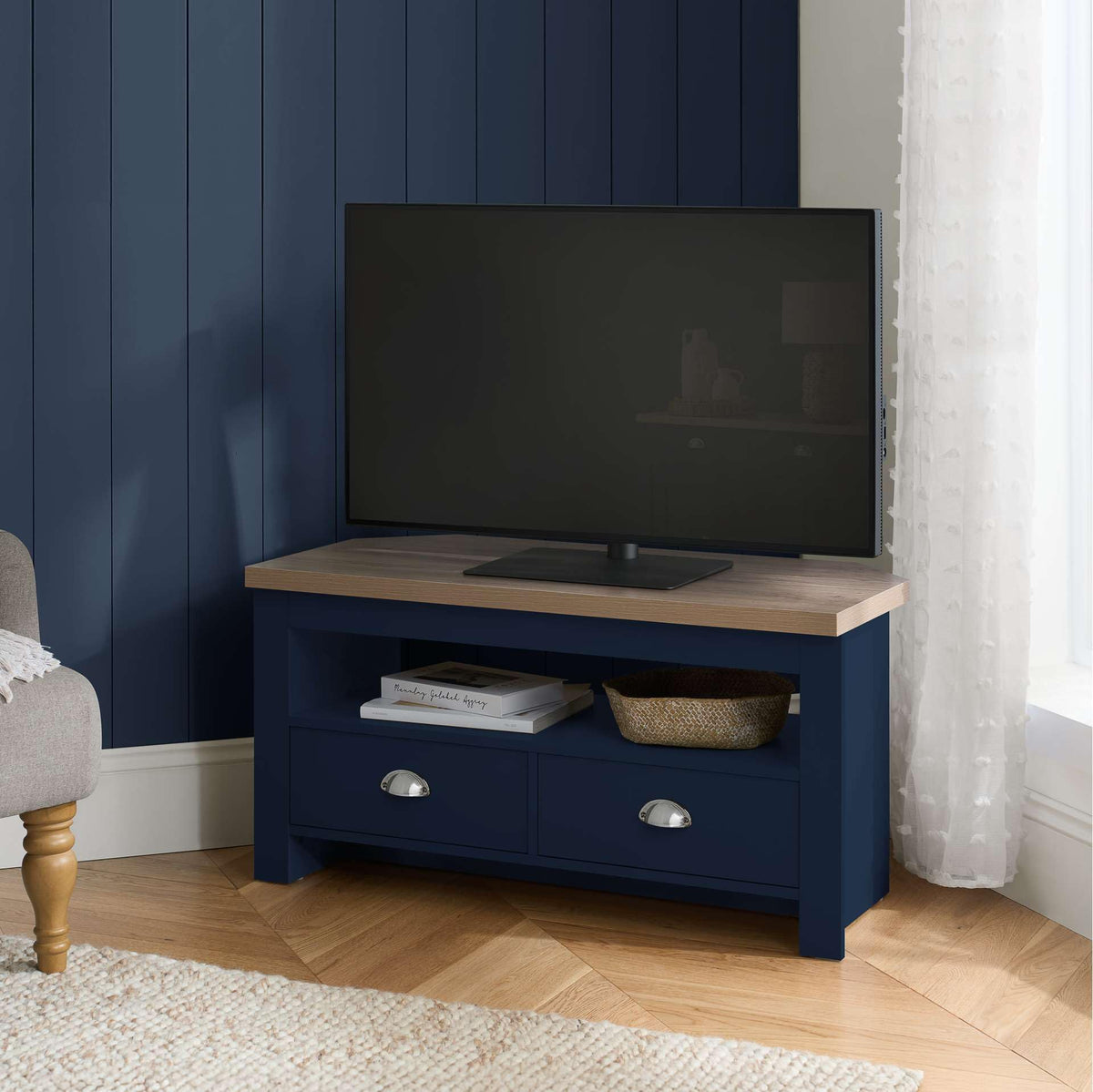 Birlea Highgate Corner Tv Unit Navy Blue & Oak Effect