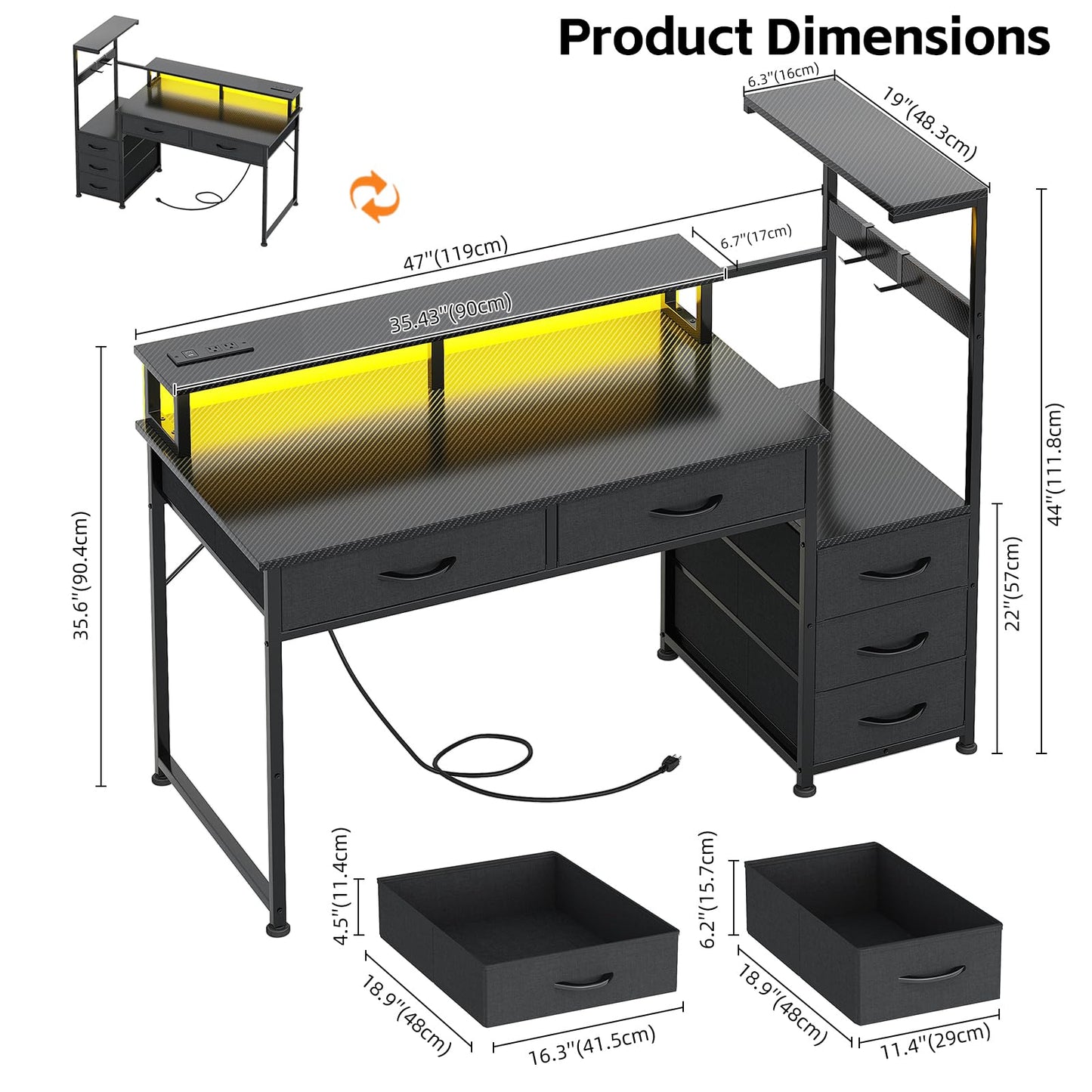WEMANER 120cm Computer Desk with 5 Fabric Drawers, Reversible Home Office Desk with Printer Cabinet, Writing Desk with Monitor Stand & Power Outlets