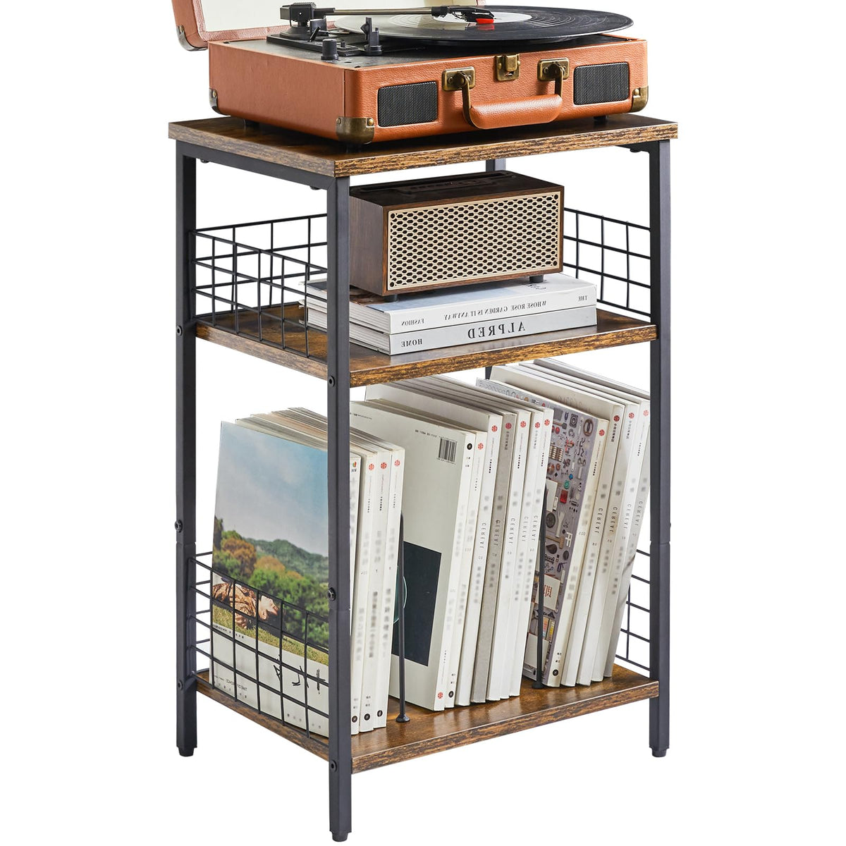 YMYNY 3 Tier End Table, Record Player Stand with Storage, Industrial Tall Side Table, Small Bookshelf, Bookcase, Display Rack, Telephone Table for