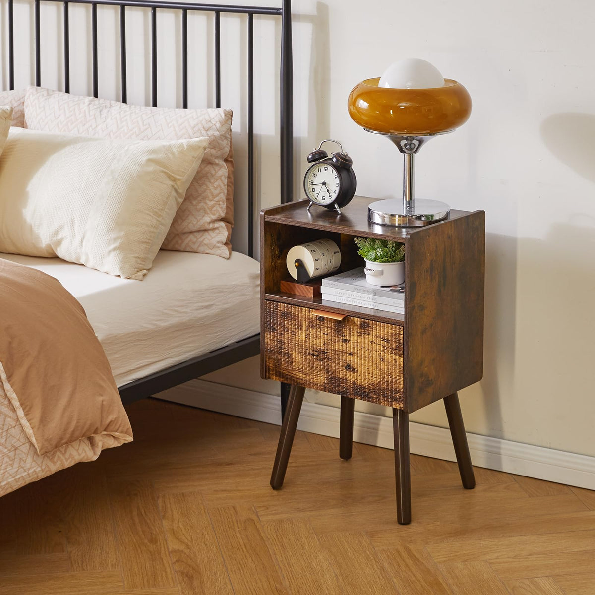 Aibiju Bedside Table, Modern Nightstand with Drawer, Small Night Stands for Bedrooms, Mid Century Nightstands with Open Storage Shelf, end Table
