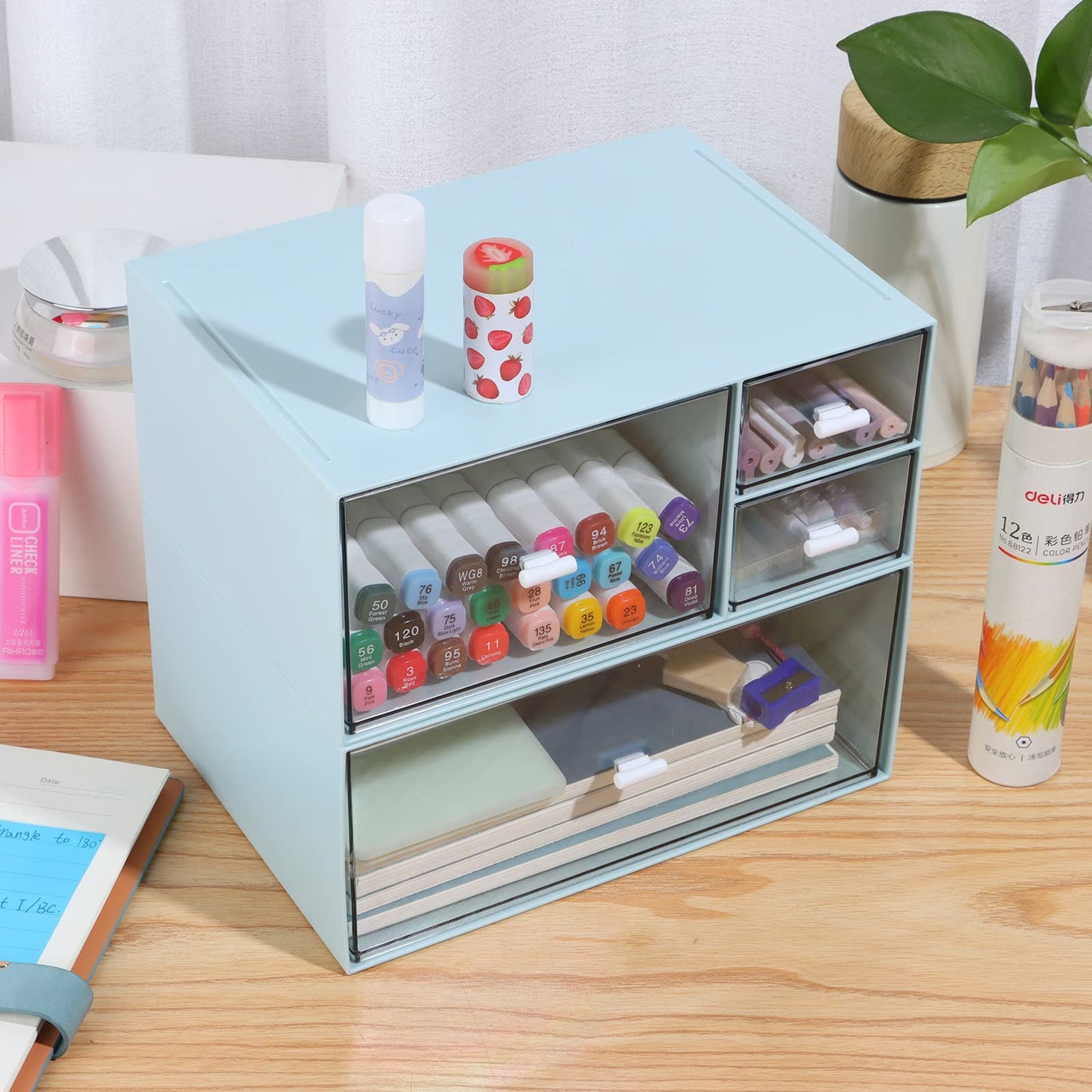 OSteed Desk Tidy Organiser with 4 Drawers, Desktop Storage Unit, Blue