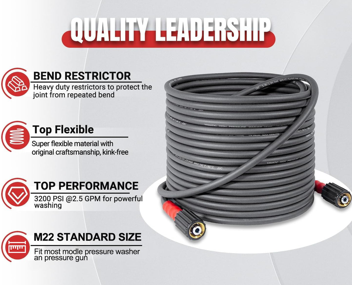 YAMATIC Super Flexible Pressure Washer Hose 15M/50FT 1/4", Kink Resistant 3200 PSI/220 Bar Heavy Duty Power Washer Extension Replacement Hose with