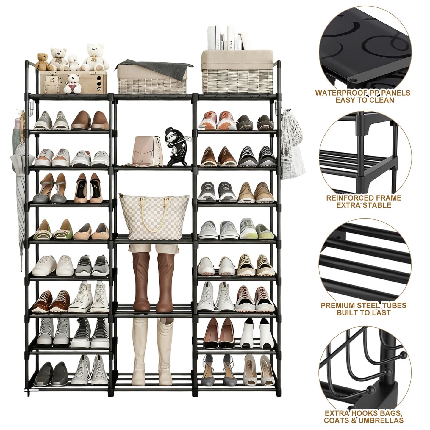 9-Tier Shoe Rack with Telescopic Shoe Horn – Large Capacity Metal Shoe Storage for 50+ Pairs